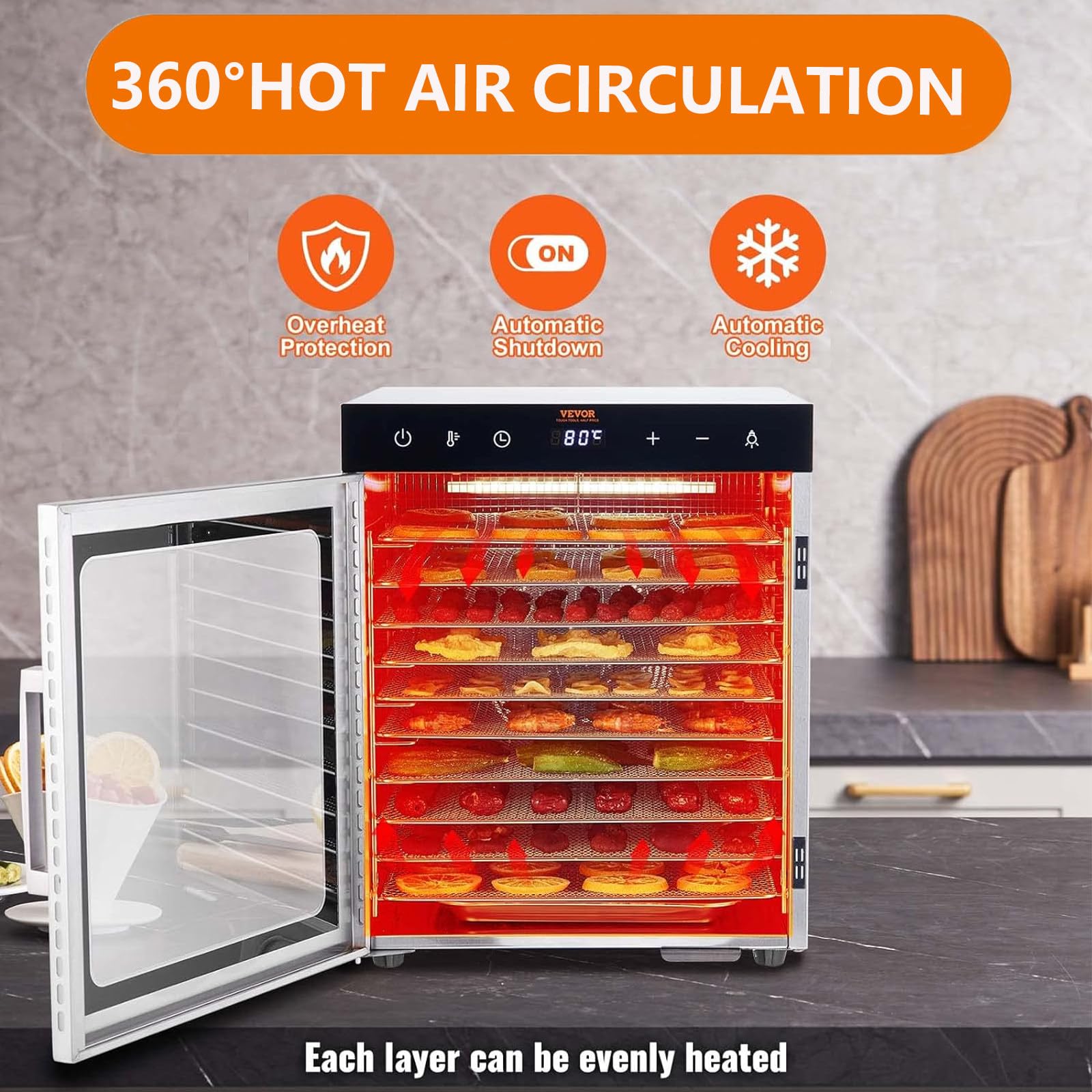 Essiccatore per Alimenti, Essiccatore A 10 Vassoi in Acciaio Inossidabile per Alimenti E Carne Secca, Erbe, Frutta, Macchina Essiccata con Timer Digitale E Controllo della Temperatura