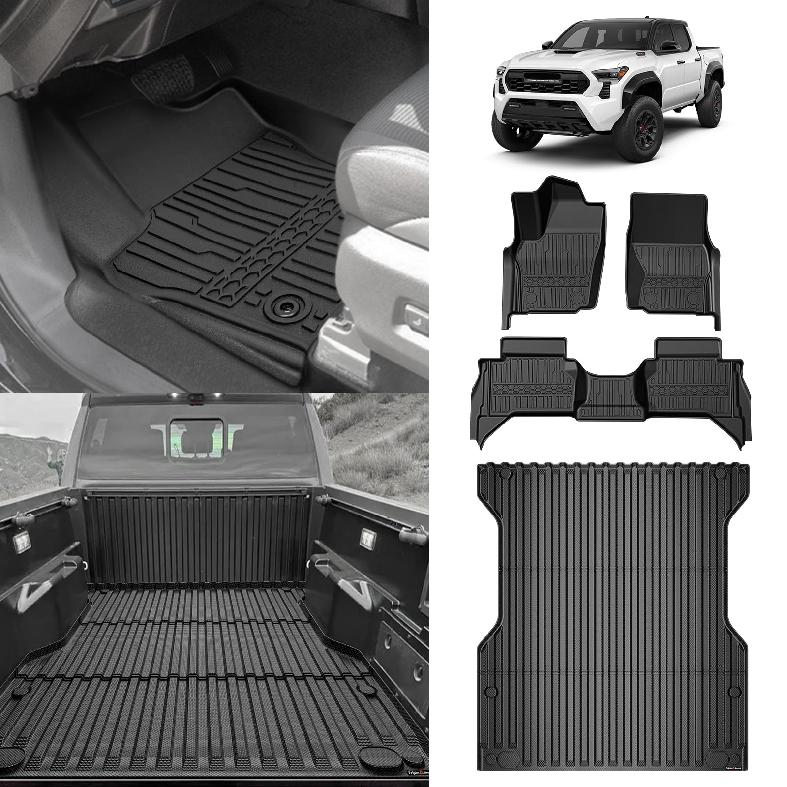 TripleAliners Floor Mats &amp; 5’Bed Mat for 2024+ Tacoma Double Cab Auto Trans