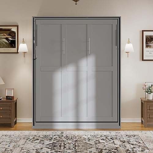 Harper & Bright Designs Rotating Queen Murphy Bed with Hidden Storage Racks, Space-Saving Multifunctional Wall Bed for Home Office & Small Rooms, Gray