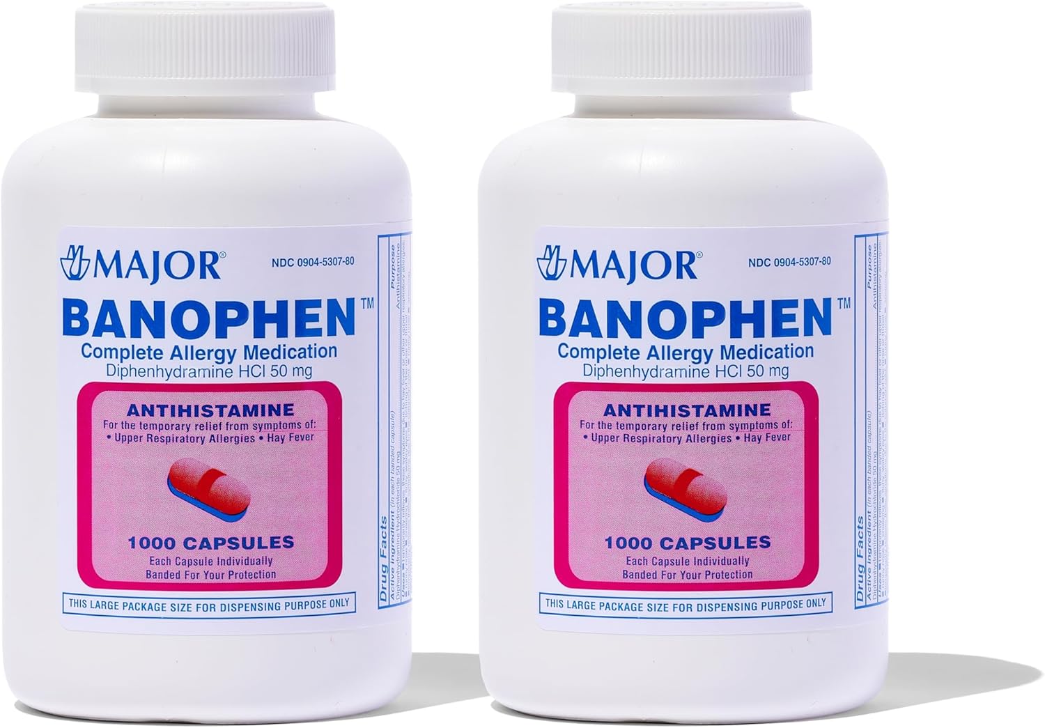 MAJOR Banophen Diphenhydramine HCI 50 mg Capsules - Temporarily Relief from The Symptoms of Hay Fever and Upper Respiratory Allergies - Antihistamine - Allergy Medicine - 1000 Capsules (2-Pack)