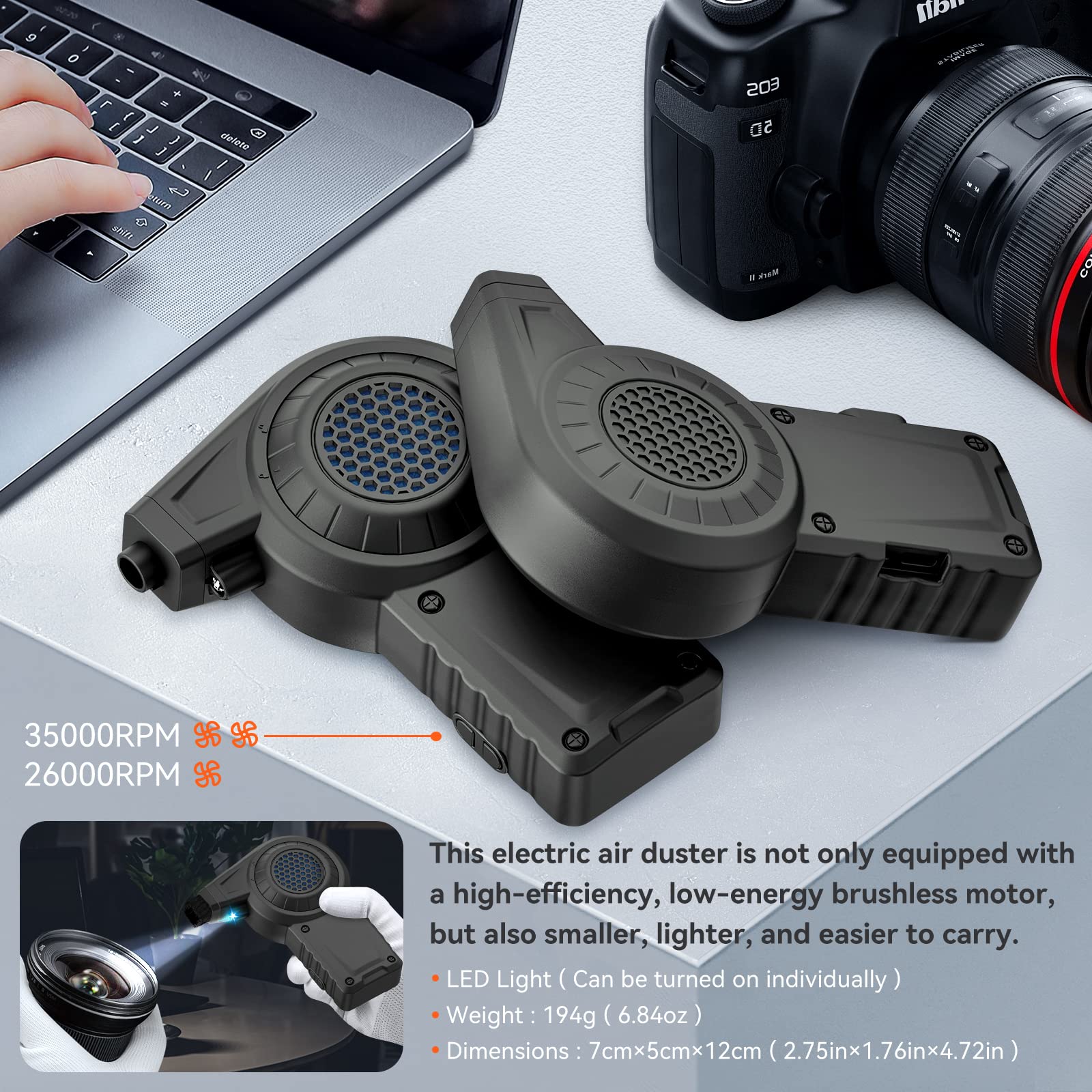 Moteur sans balais Mini 35000 tr/min - Reesibi C1 - Souffleur électrique avec lumière LED - Ventilateur professionnel pour le nettoyage des objectifs de l'appareil photo - 2 vitesses - 2400 mAh - Air