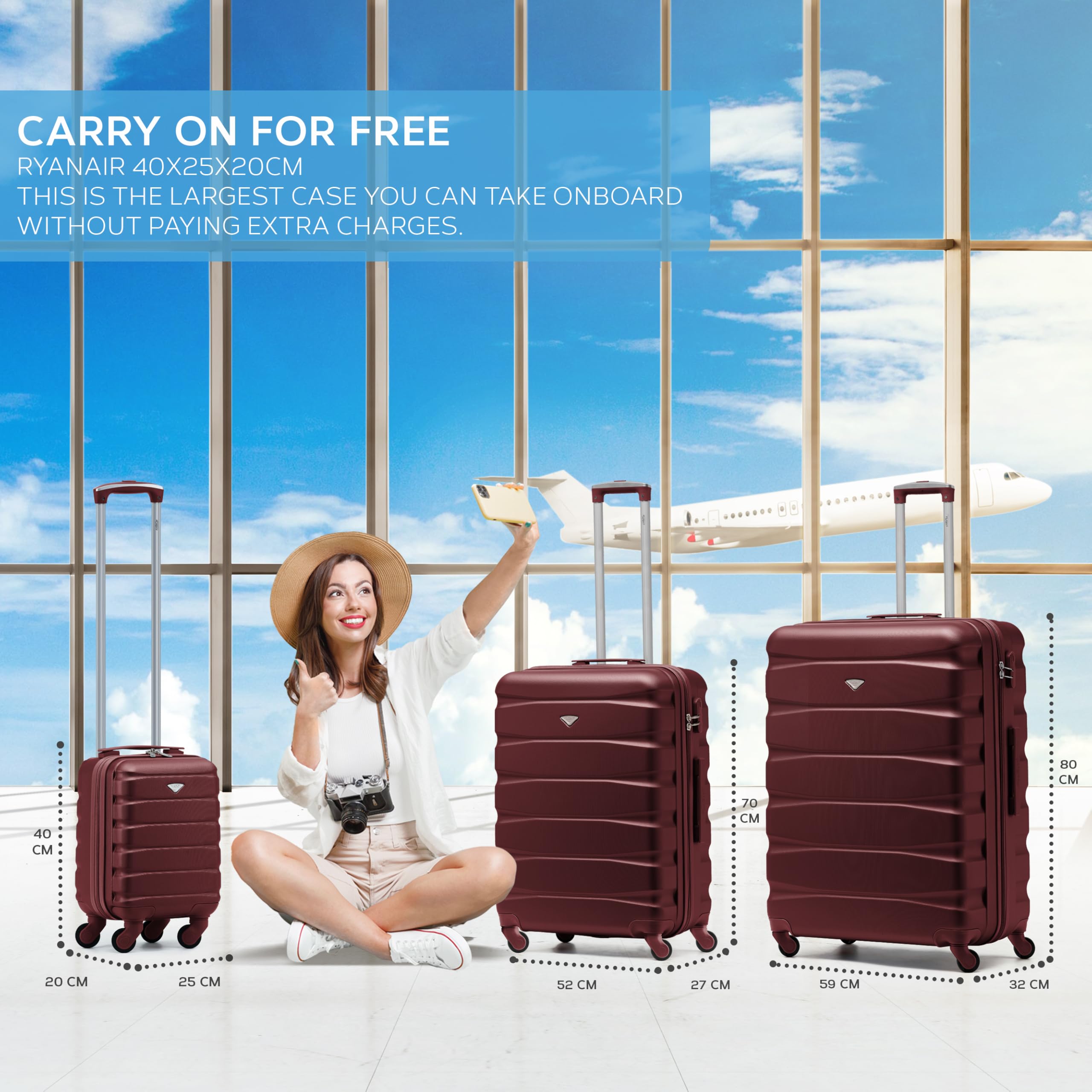 Flight Knight Suitcase Sets 3 Piece, Large Suitcase, Lightweight Extra Large Suitcase, 40x20x25 Ryanair Underseat Cabin Bag, Carry On Suitcase,Hand Luggage, for Over 100 Airlines,EasyJet, Jet2