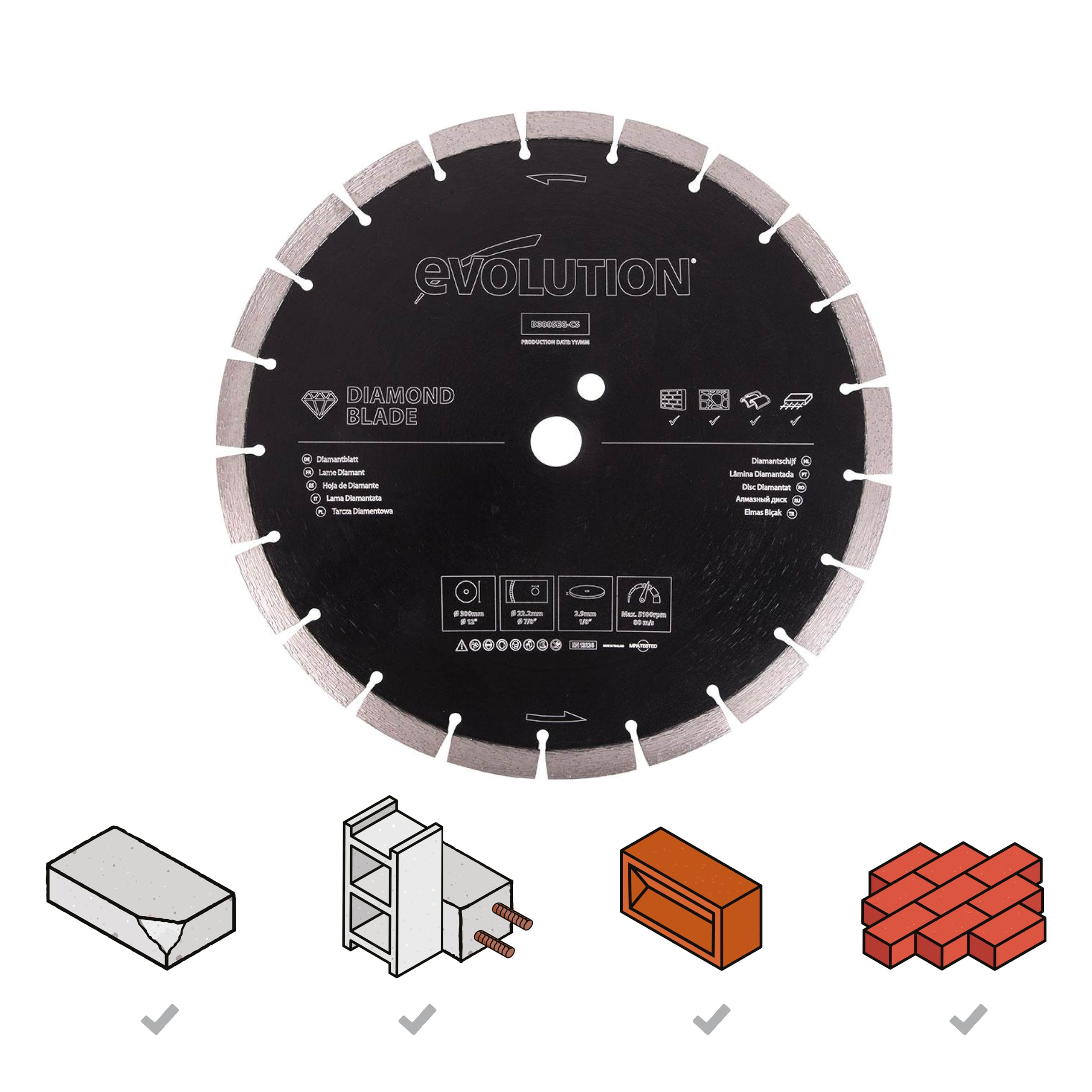 Evolution Power Tools Tarcza diamentowa do przecinarek tarczowych D300SEG-CS 300 mm – Segmentowana krawędź do cięcia kamienia, cegieł, betony zbrojonego i kamienia naturalnego
