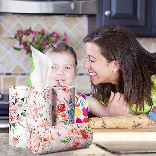 Miniatura 5 de Ctosree Cilindro de pañuelos para automóvil con tejido facial redondo floral a granel, soporte para pañuelos de automóvil, tubos de tejido, cajas de