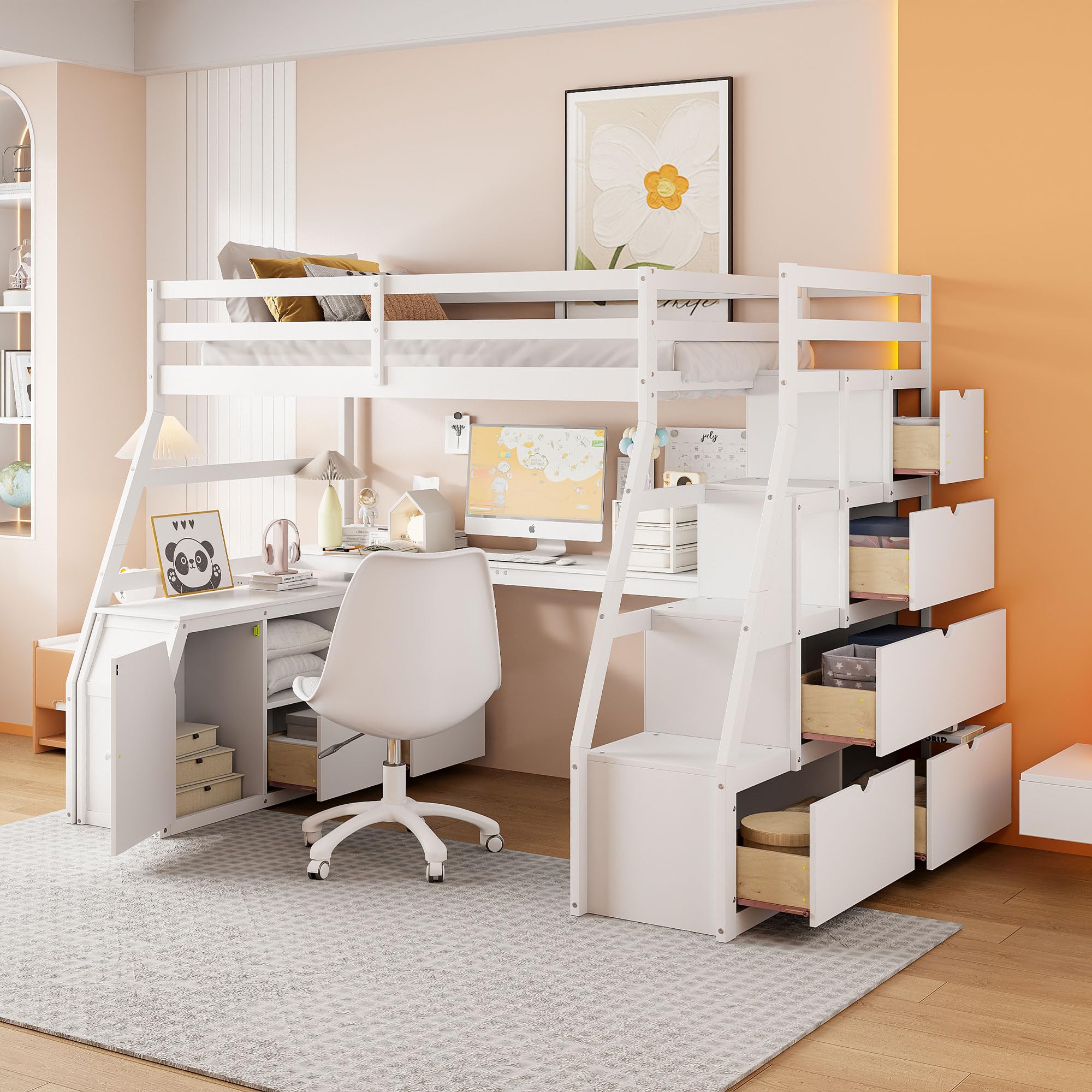 BEDGJH Loft Bed Full Size with 7 Drawers and Desk, Wooden Loft Bed Frame with Storage Shelves and Stairs for Kids, Teens, Adults (White)