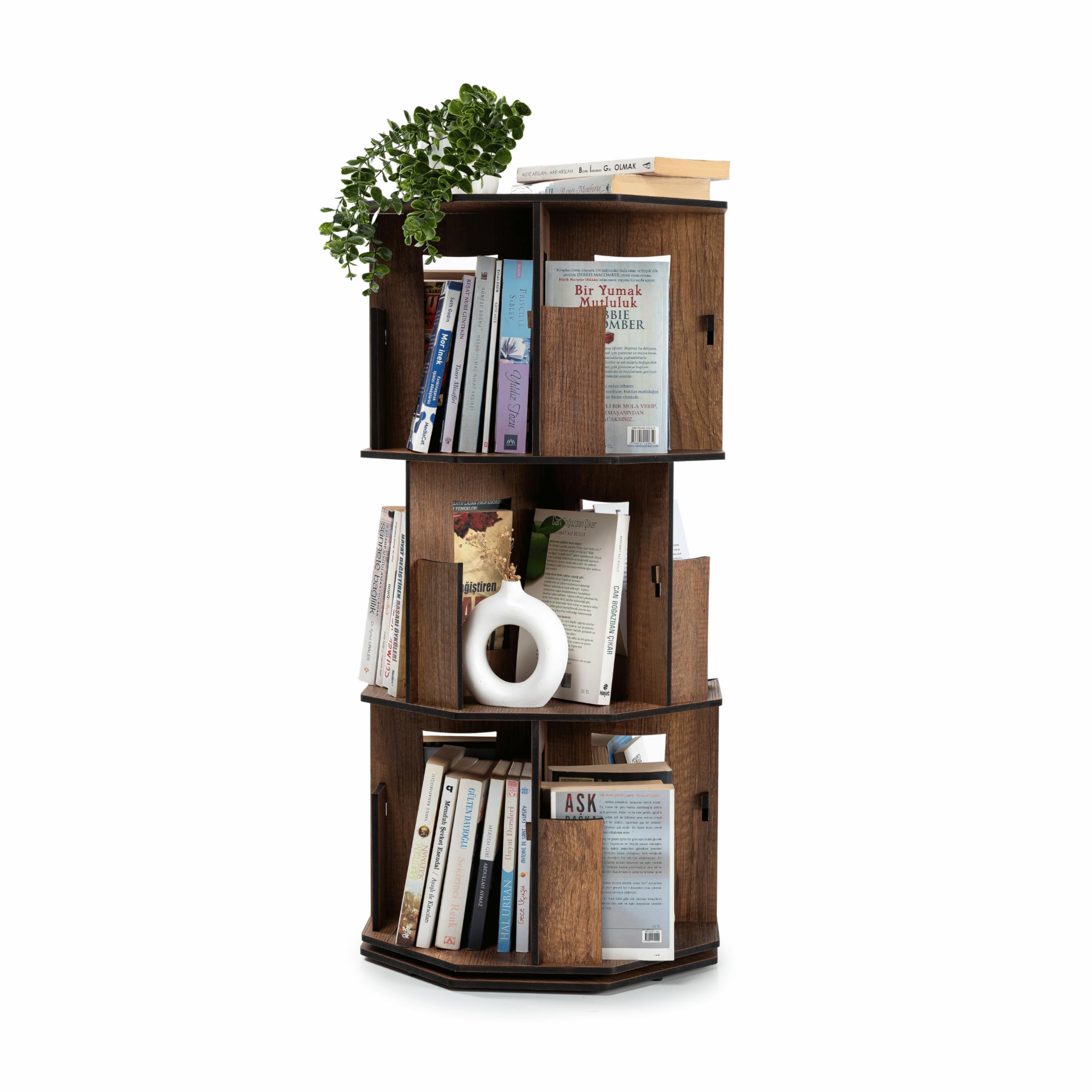 Vigo Wood bücherregal klein in Eichenoptik – 3 stufiges drehbares Bücherregal aus Verbundholz, platzsparend & modern für Kinder bücherregal, bücherschrank (Walnuss, 3 Regale)