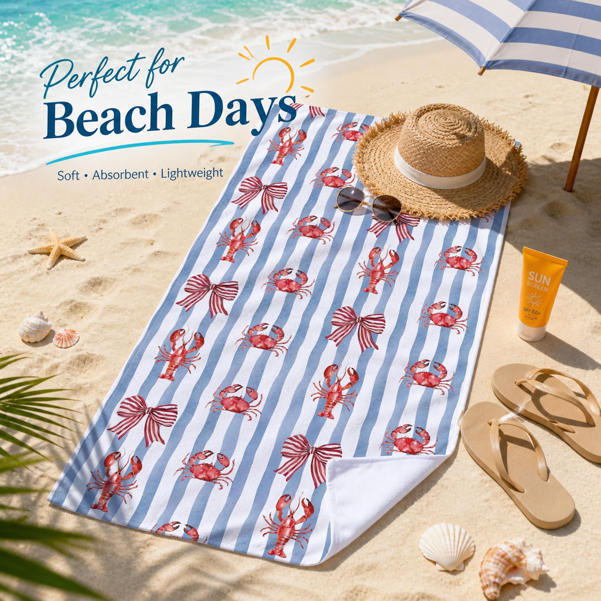 Condition photo showing New/Like New for lobster crab beach towel, coastal bow blue stripe pool towel