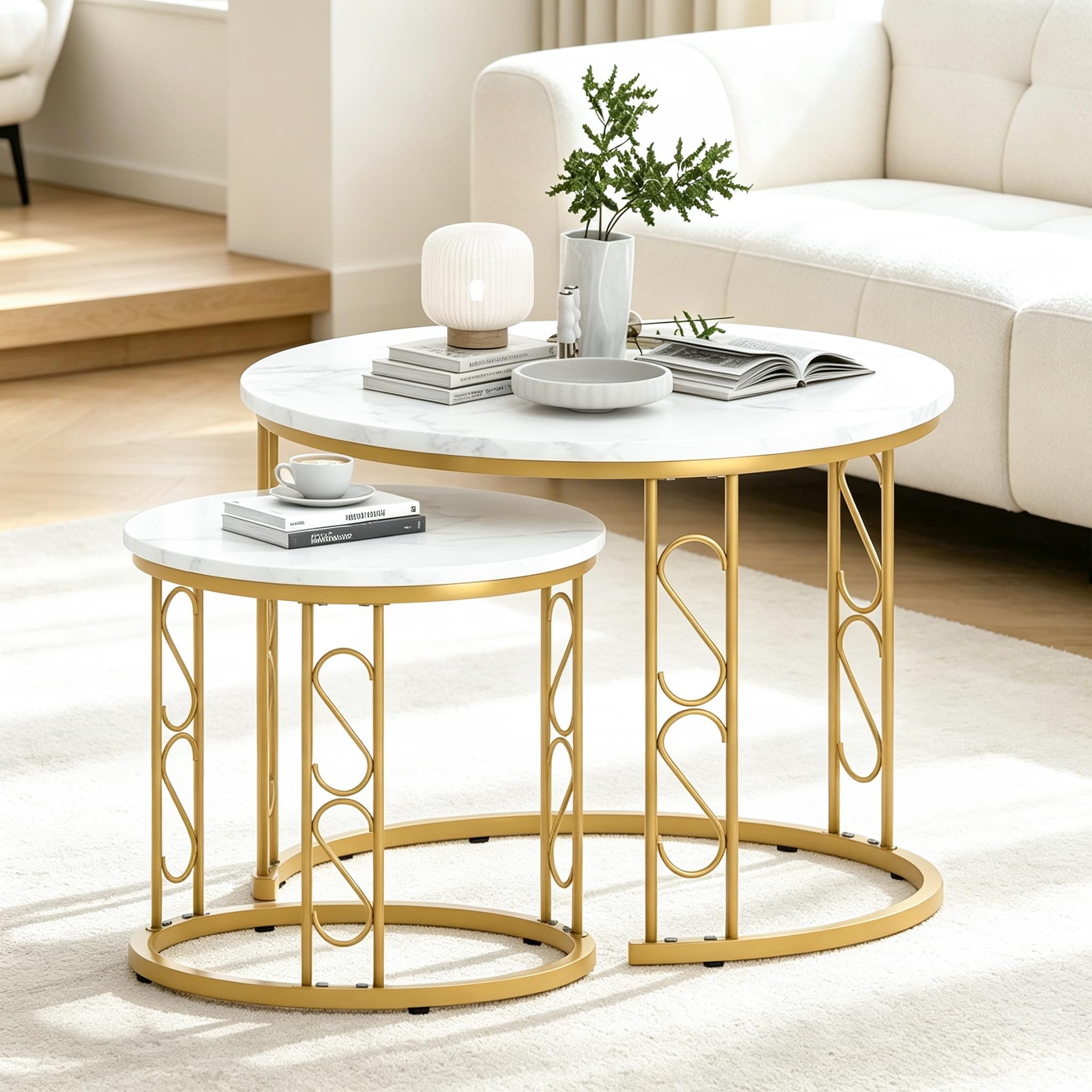 Garden 4 you Coffee Table Faux Marble Nesting Table for Small Place 2 Sets Modern Furniture Living Room Sets End Side Table Night Stand for Bed Room Dining Room (White & Gold)-image-28