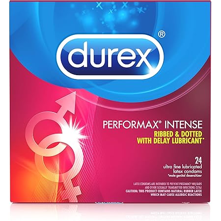 Condoms, Ultra Fine, Ribbed, Dotted with Delay Lubricant, Durex Performax Intense Natural Rubber Latex Condoms, 24 Count, Contains Desensitizing Lube for Men, FSA & HSA Eligible