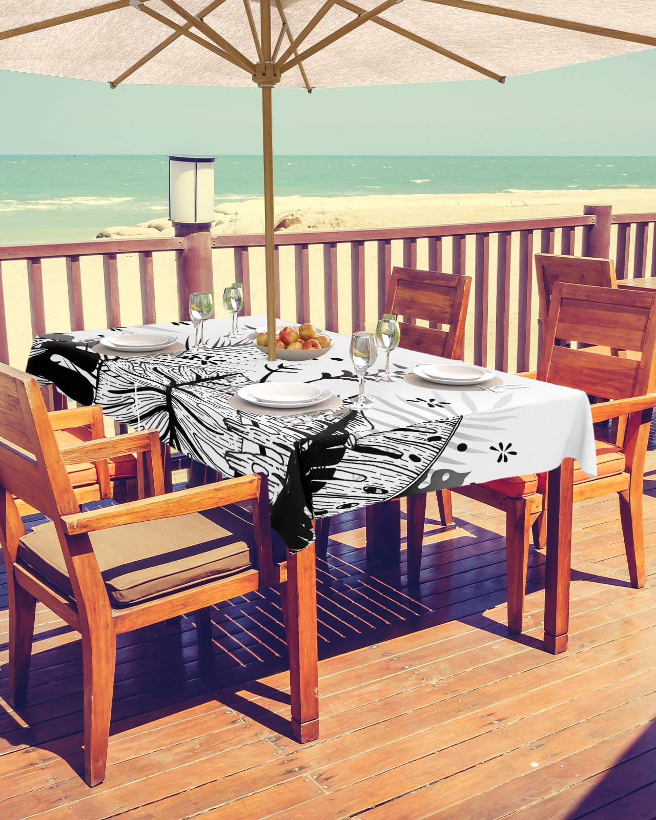 Boho Floral Botanical Outdoor Tablecloths with Umbrella Hole and Zipper, Waterproof/Stain Resistant Rectangle Table Cloth 60x120 Patio Table Cover for Picnic Modern Abstract Bohemian Flowers Leaves