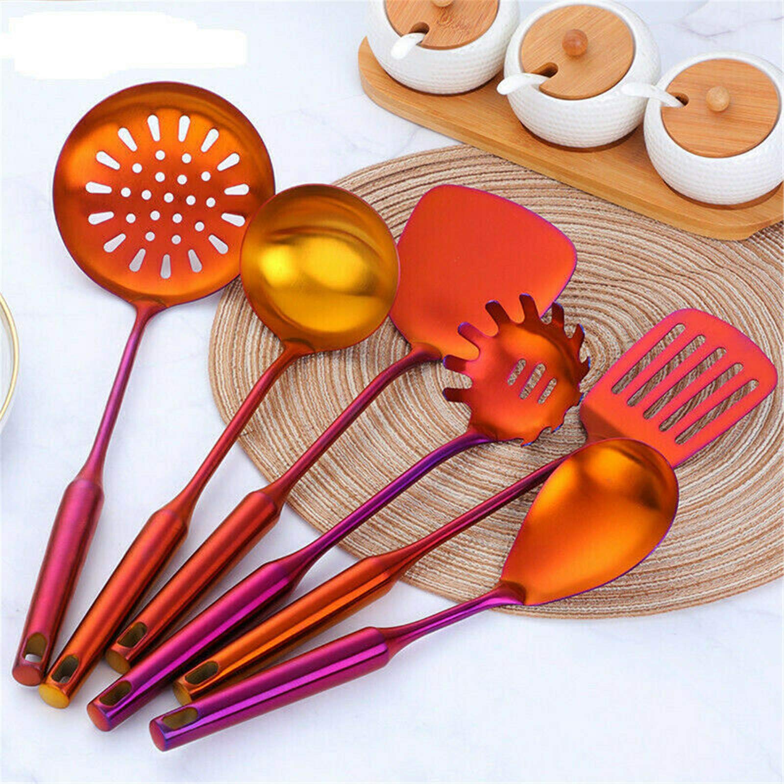 7PCS Utensilios de cocina de acero inoxidable con soporte Set de cocina Turner cuchara (naranja)
