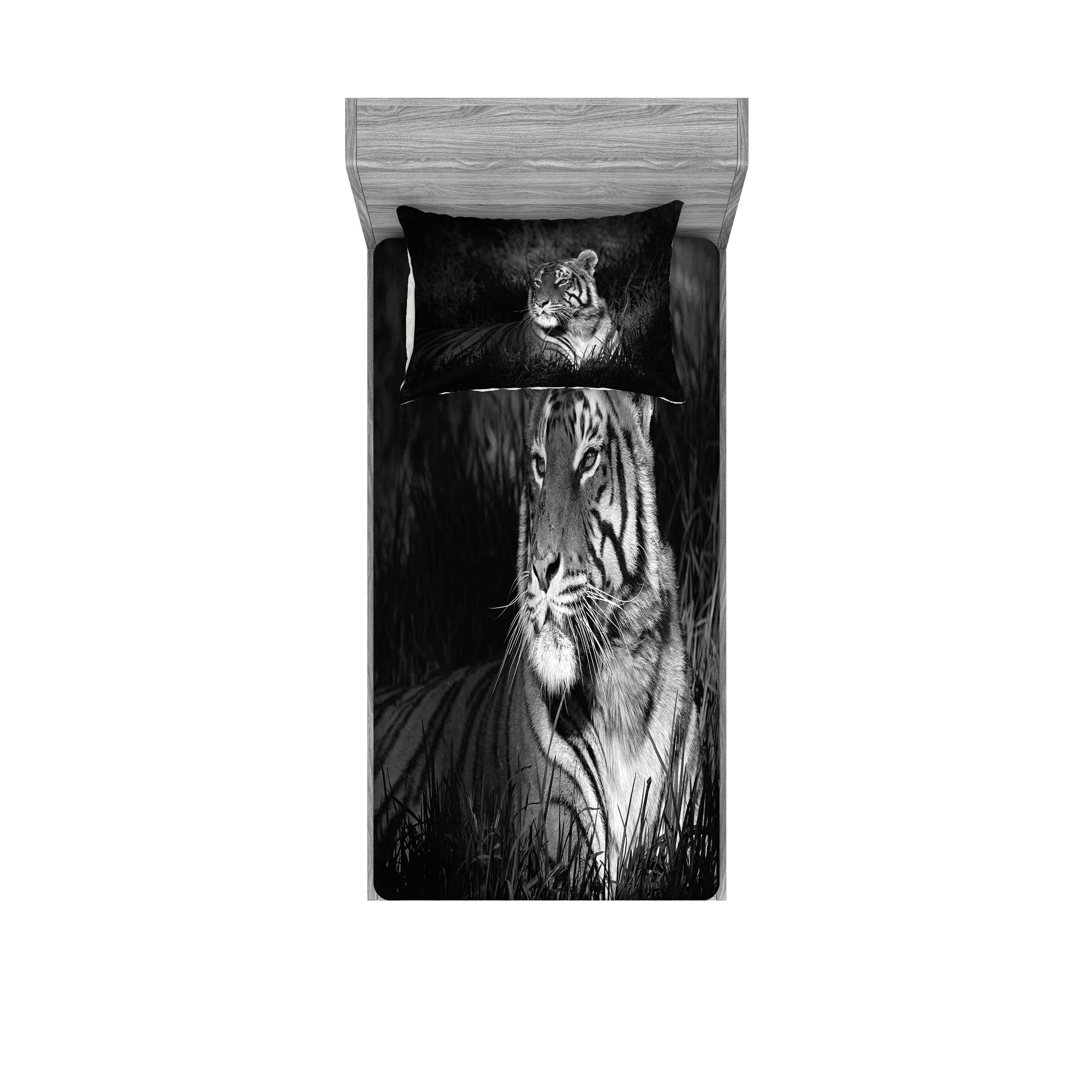 Ambesonne Black and White Fitted Sheet & Pillow Sham Set, Bengal Tiger Lying in The Grass Africa Savannah Monochrome Image Print, Decorative Printed 2 Piece Bedding Decor Set, Twinxl, Charcoal Grey