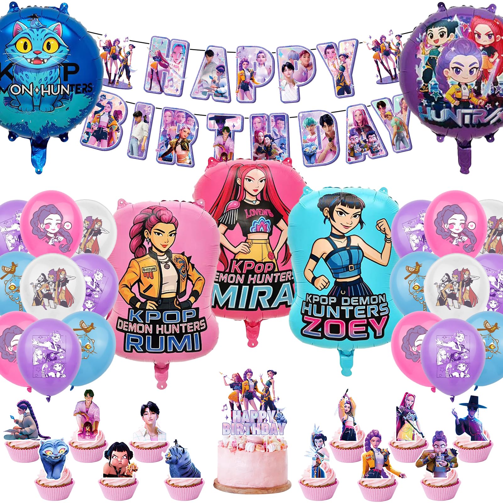 47pcs Set Decorazioni Festa di Compleanno, Tema Cartone Animato con Banner, Palloncini e Topper per Cupcake per Feste di Bambini (4)