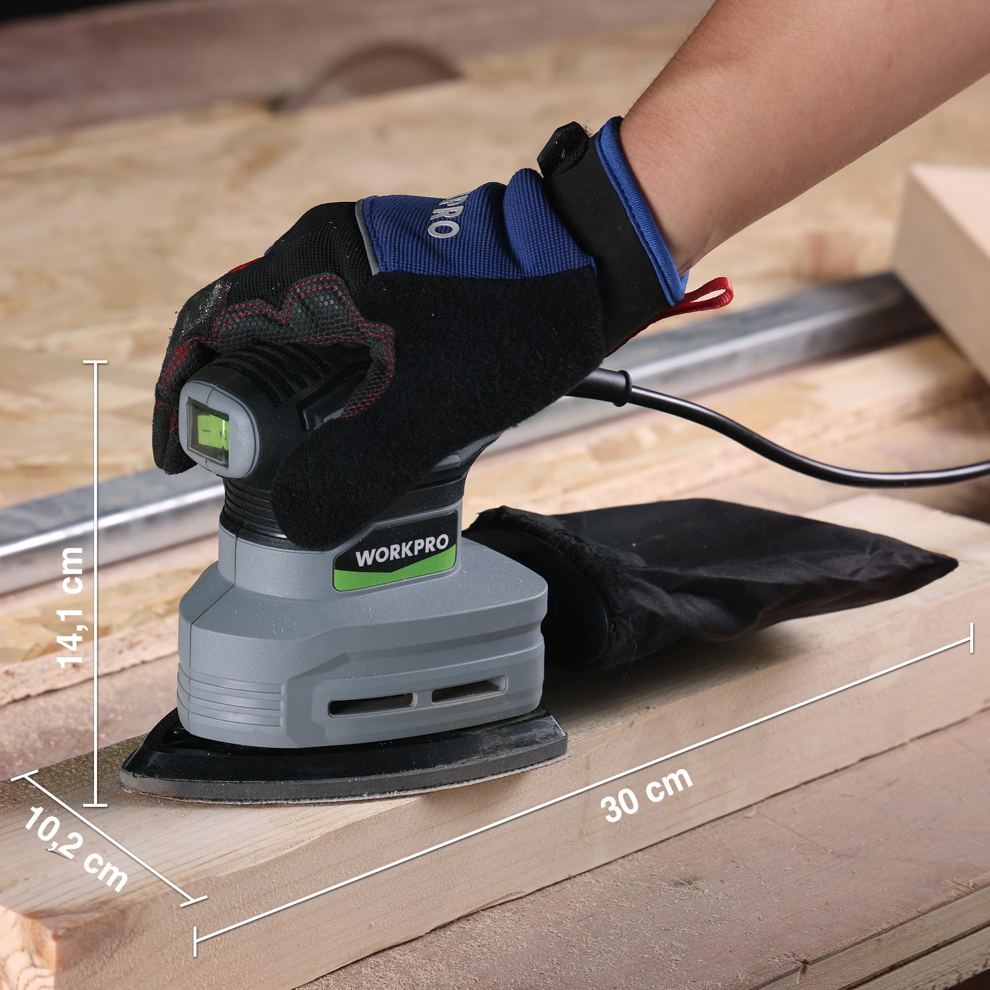 WORKPRO Lijadora Eléctrica de Detalle Mouse 130W, 13000 RPM, con Bolsa de Polvo y 20 Hojas de Lija, Lijadora Orbital Triangular para Madera, Muebles, Carpintería y Bricolaje
