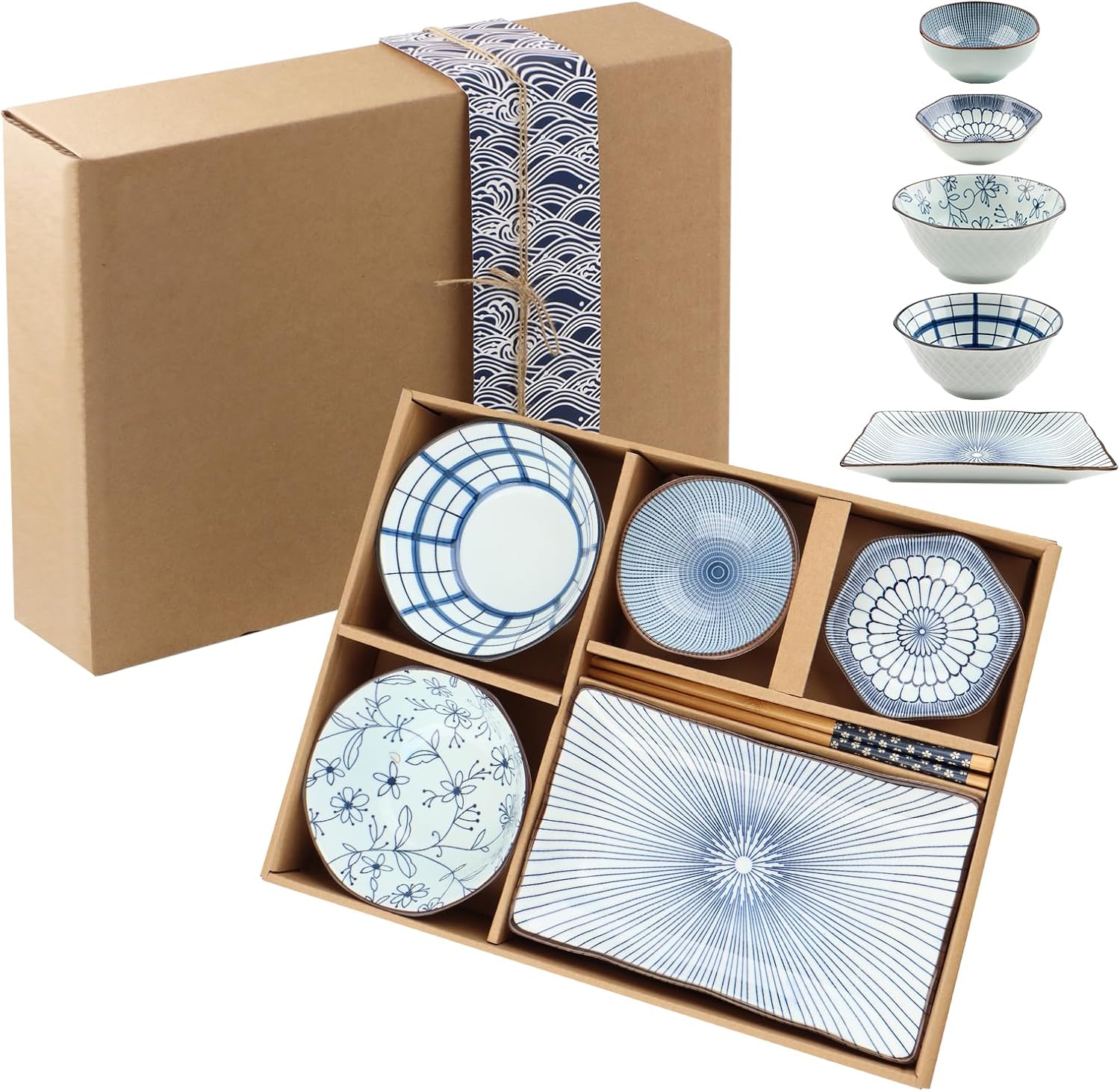 7 Pcs Japanese Style Ceramic Sushi Plate Set include 8.4 inch Rectangle Sushi Plates, 2 Sauce Bowls,2 Sauce Dish and 2 Pairs of Chopsticks for Dinner,Parties,Meat,Dessert,Dishwasher and Microwave Safe