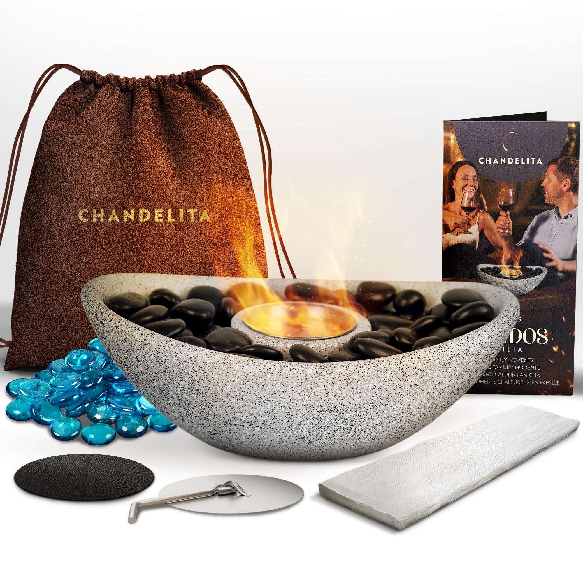 Bioethanol Tischkamin Indoor und Outdoor 28 x 19 x 8 cm und mit Schmucksteinen und Tasche - Ethanol Kamin Indoor - Tischfeuer Indoor - Bio Ethanol Tisch Kamin (Oval Grau)