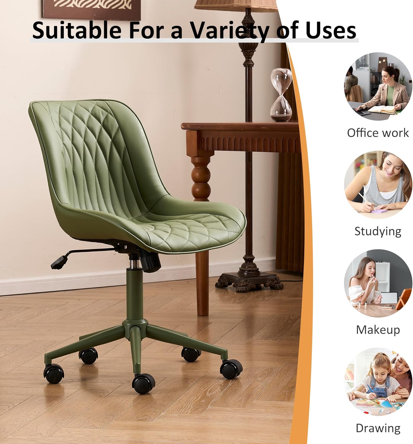YOUNIKE Home Office Desk Chair with Wheels Armless Vanity Chair with Back Comfy Modern Leather Upholstered Rolling Task Chair Swivel Small Cute No Arms Wide Adjustable Ergonomic All Green - Image 7