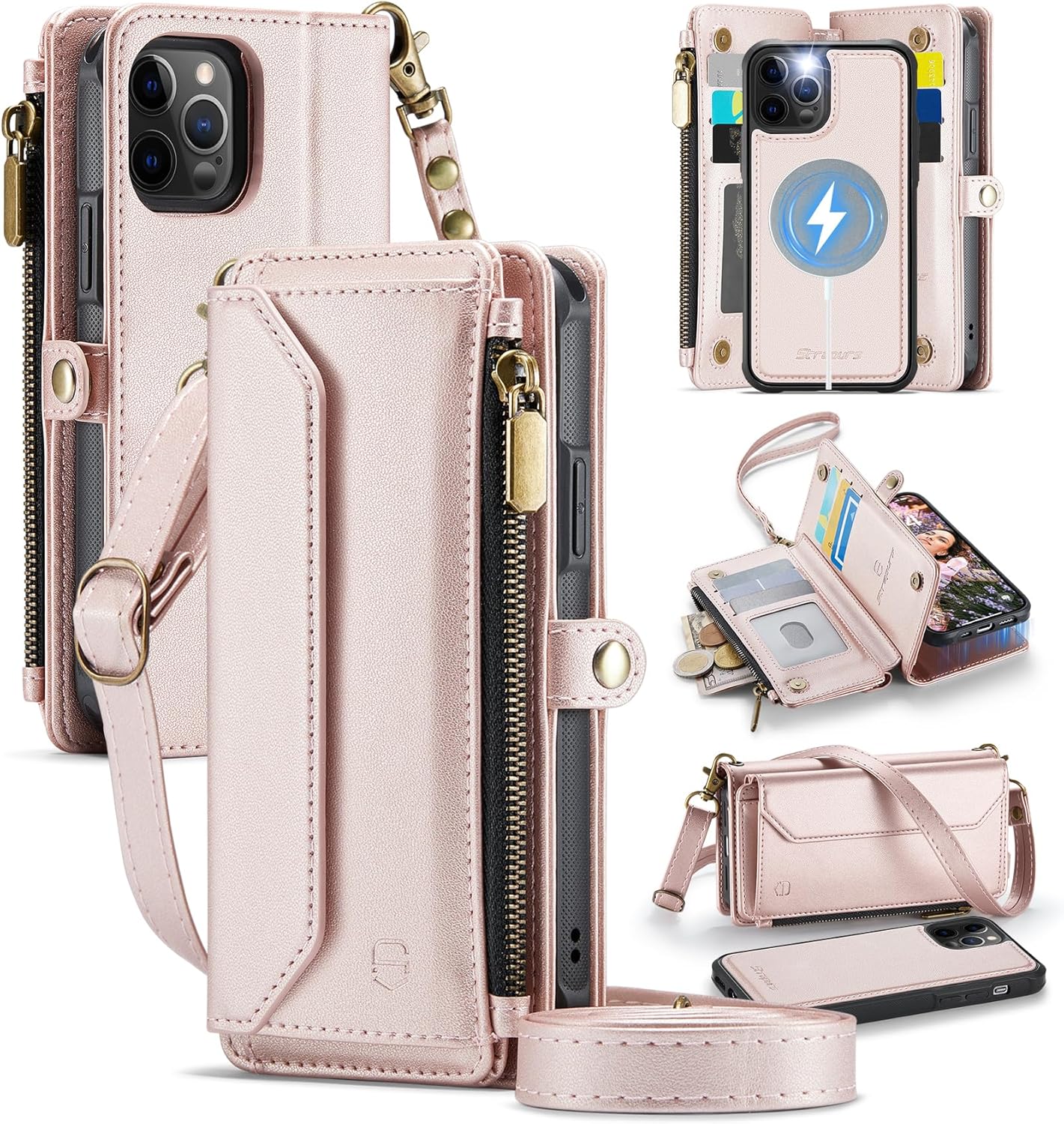 for iPhone 12 / iPhone 12 Pro Detachable Wallet Case Compatible with Magsafe, RFID Blocking 9-Card Holder Zipper Strap Lanyard PU Leather Magnetic Phone Case for iPhone 12 6.1", Rose Gold
