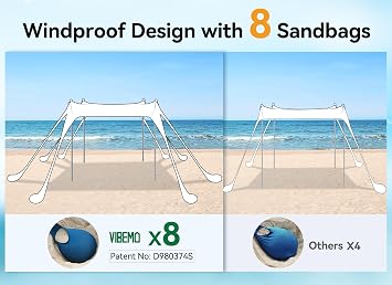 Vibemo Beach Tent, Beach Canopy Sun Shade with UPF50+ UV Protection, 10x10ft, Includes 8 Sandbags, Sand Shovel, Ground Pegs & 4 Stability Poles, Pop Up Sun Shelter for Camping, Picnics, Backyard Fun