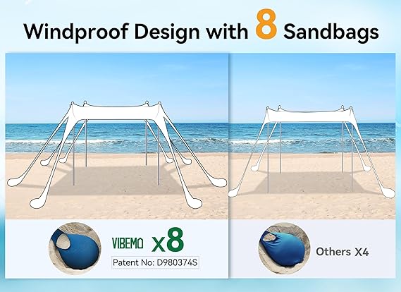 Vibemo Beach Tent, Beach Canopy Sun Shade with UPF50+ UV Protection, 10x10ft, Includes 8 Sandbags, Sand Shovel, Ground Pegs & 4 Stability Poles, Pop Up Sun Shelter for Camping, Picnics, Backyard Fun