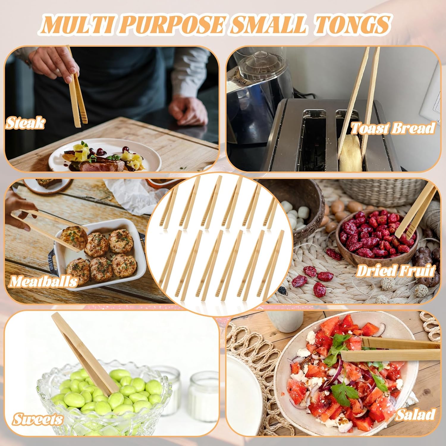 12 Pcs Bamboo Toaster Tongs 7.9'' 10'' Wooden Cooking Tongs