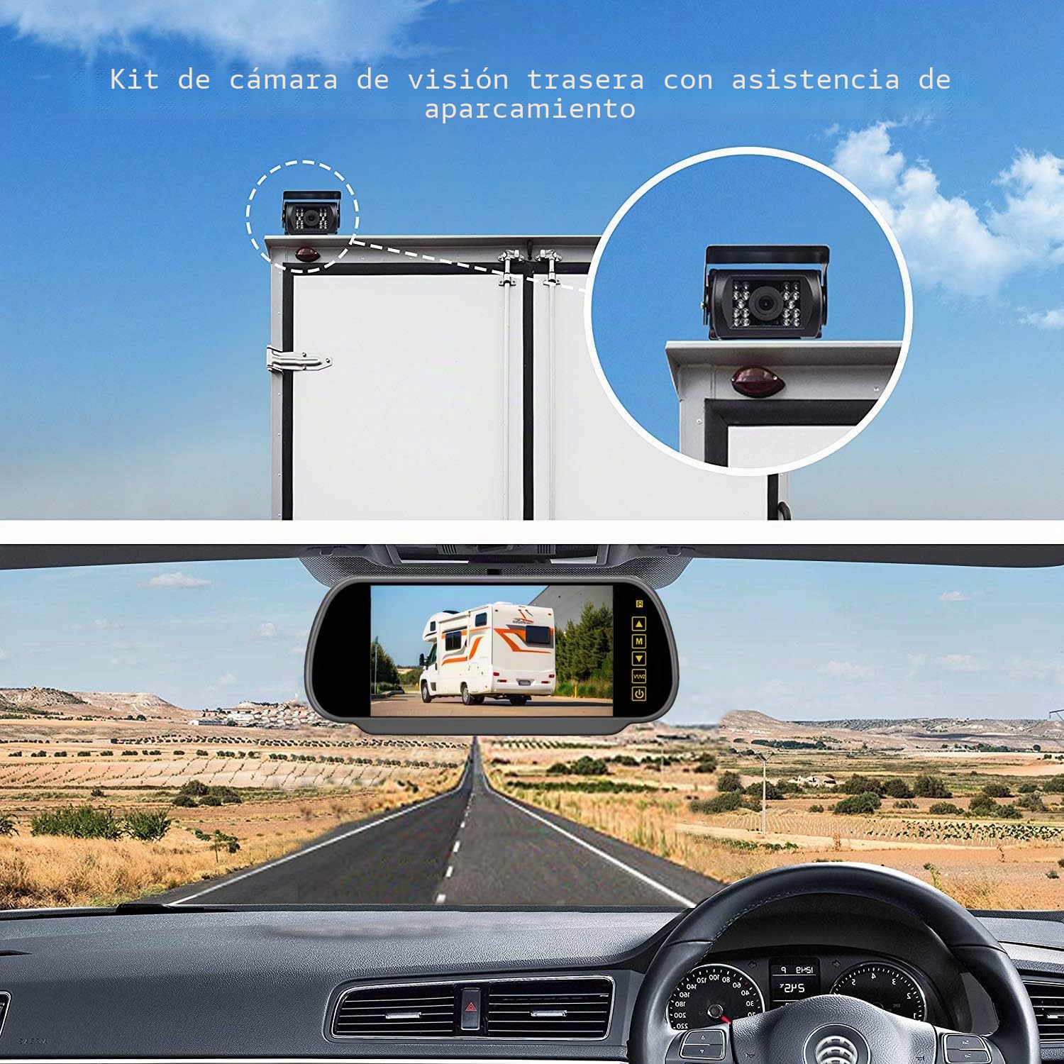 Monitor de espejo retrovisor de 4 pines de 7 pulgadas + 18 LED de visión nocturna, cámara de marcha atrás impermeable con cable de 15 m para camión de 12 V-24 V, caravana, remolque, autocaravana
