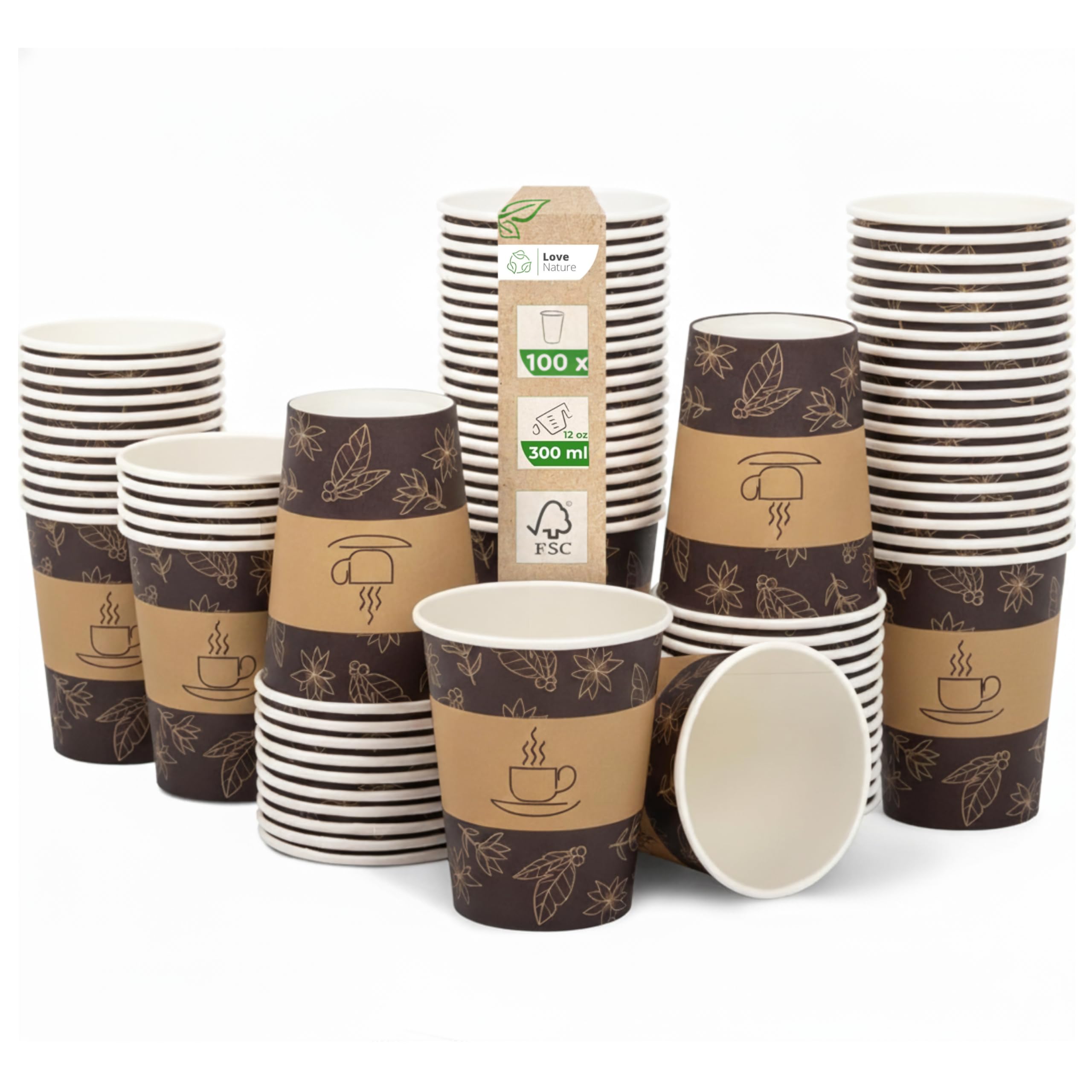 Love Nature Kaffeebecher to Go 300 ml 12 oz – Pappbecher 100 Stück – Coffee to go Becher - Einwegbecher zum Servieren von Kaffee, Tee, heißen und kalten Getränken