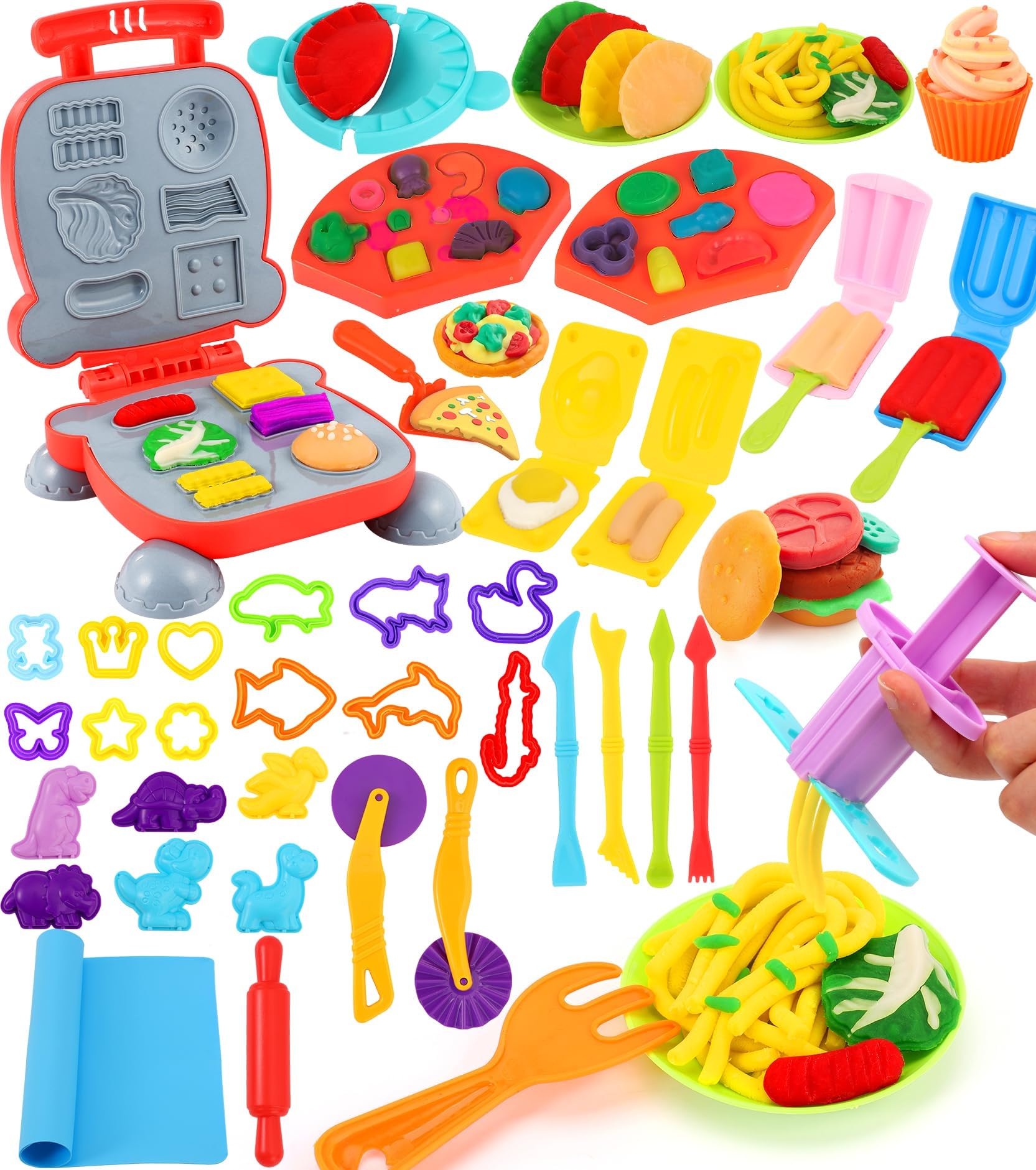 Dough Tools Kit for Kids - 54 Pcs Dough Accessories Include Hamburger Maker Dough Tools, Ice Cream Maker, Noodles and Cutters Dinosaur Molds Dough Sets Gift for Boys Girls Educational Toy