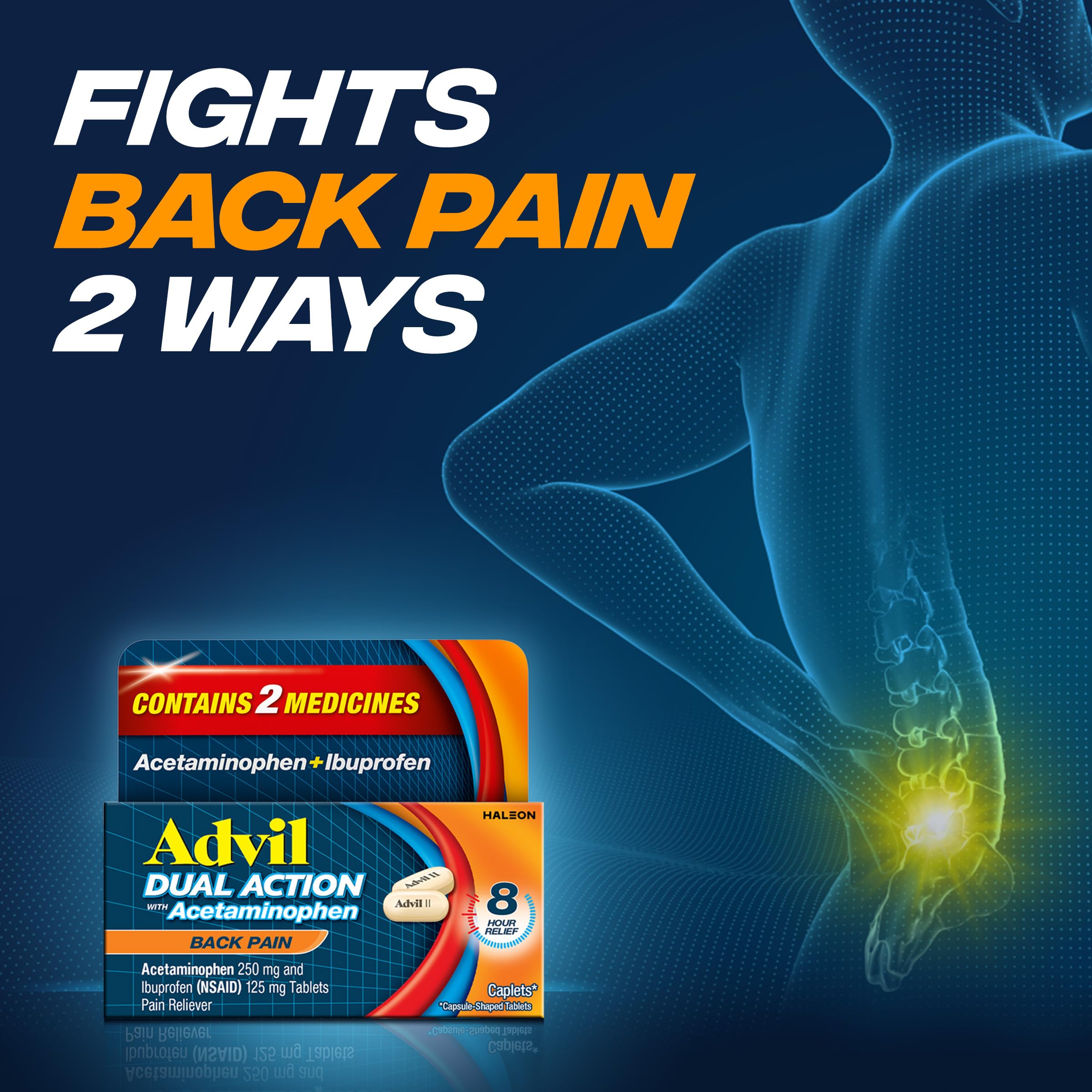 Advil Dual Action Back Pain Coated Caplets with Acetaminophen, 144 Count — Amazon image 3