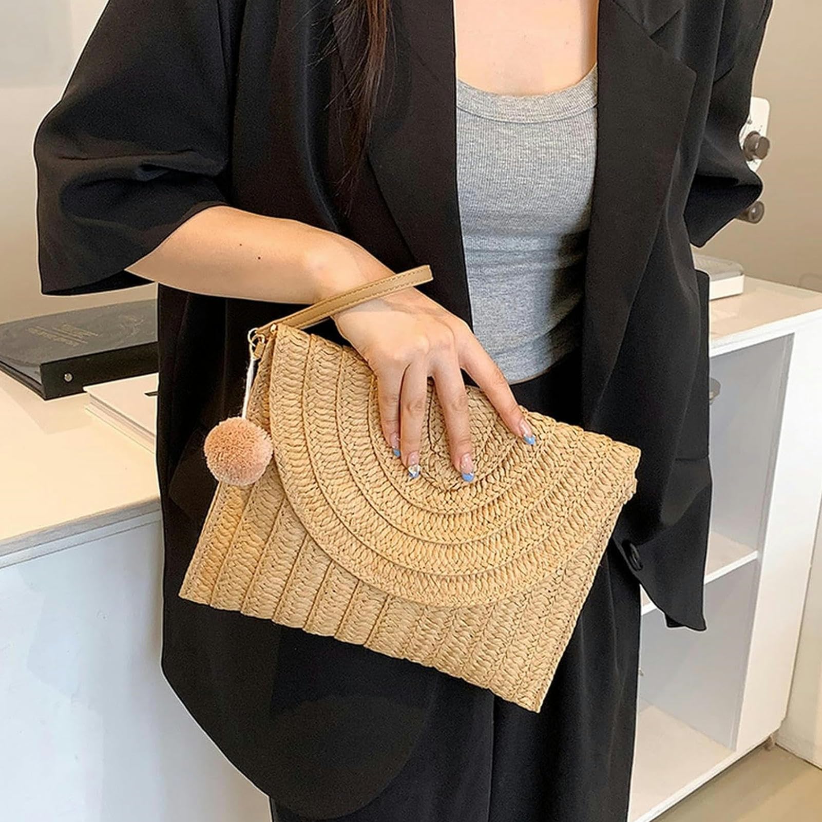 Borsa Donna Tracolla Straw Clutch Bag Crossbody Bag per Le Donne Borse A Spalla di Viaggio Borsa Donne-Deep Brown-27x1x20cm