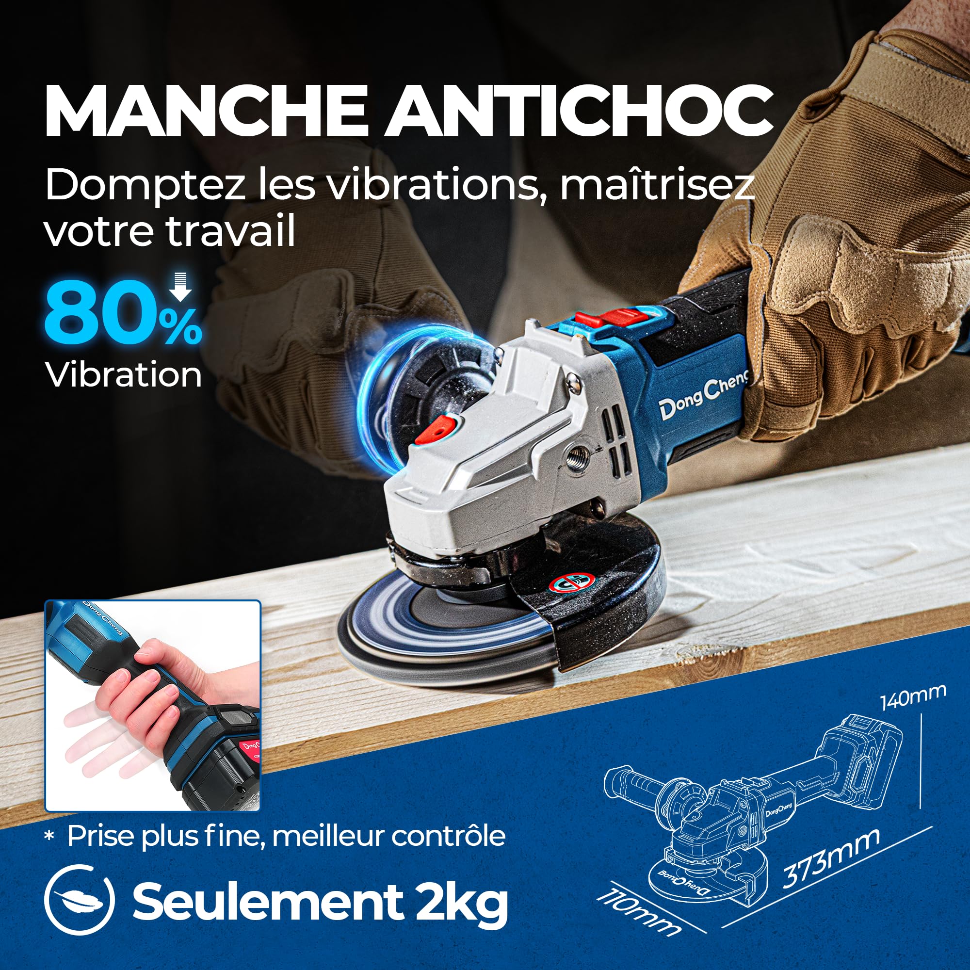 DongCheng Meuleuse d'angle sans fil 20V, Moteur sans balais, Disqueuse sans fil 125 mm, poignée anti-vibrations, 2 disques abrasifs, 2 disques à lamelles, 2 disques à tronçonner, batterie 4,0 Ah