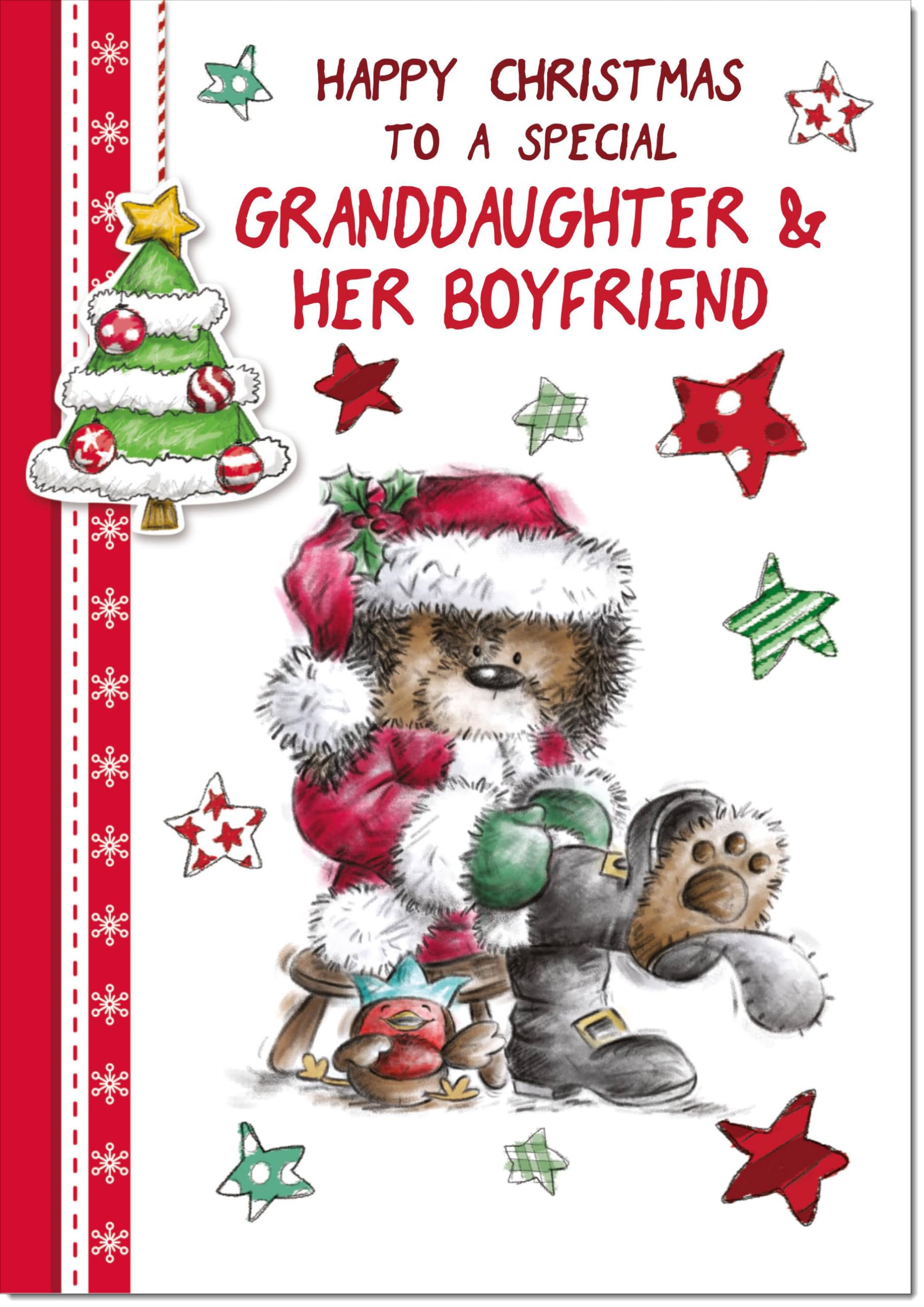 doodlecards Granddaughter and Boyfriend Christmas Card Cute Bear Large A4 Size Christmas Card for Granddaughter & Boyfriend with Plain Envelope