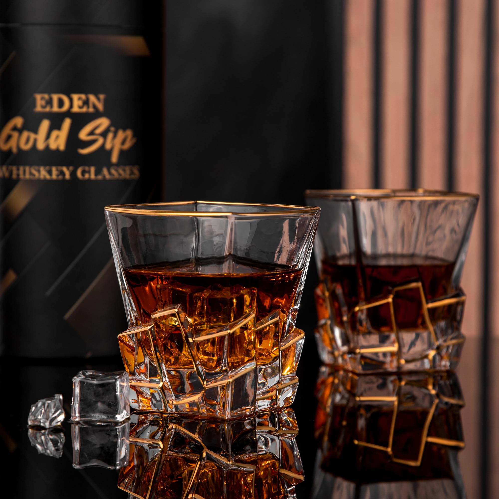 EdensDECOR Stemless Whiskey Glasses Set Of 2 Gift Set (Gold Plated), Martini Glasses, Bourbon glass, Scotch, Cognac, Gifts for Men, Dad, Husband, Boyfriend, Grooms Men Gift