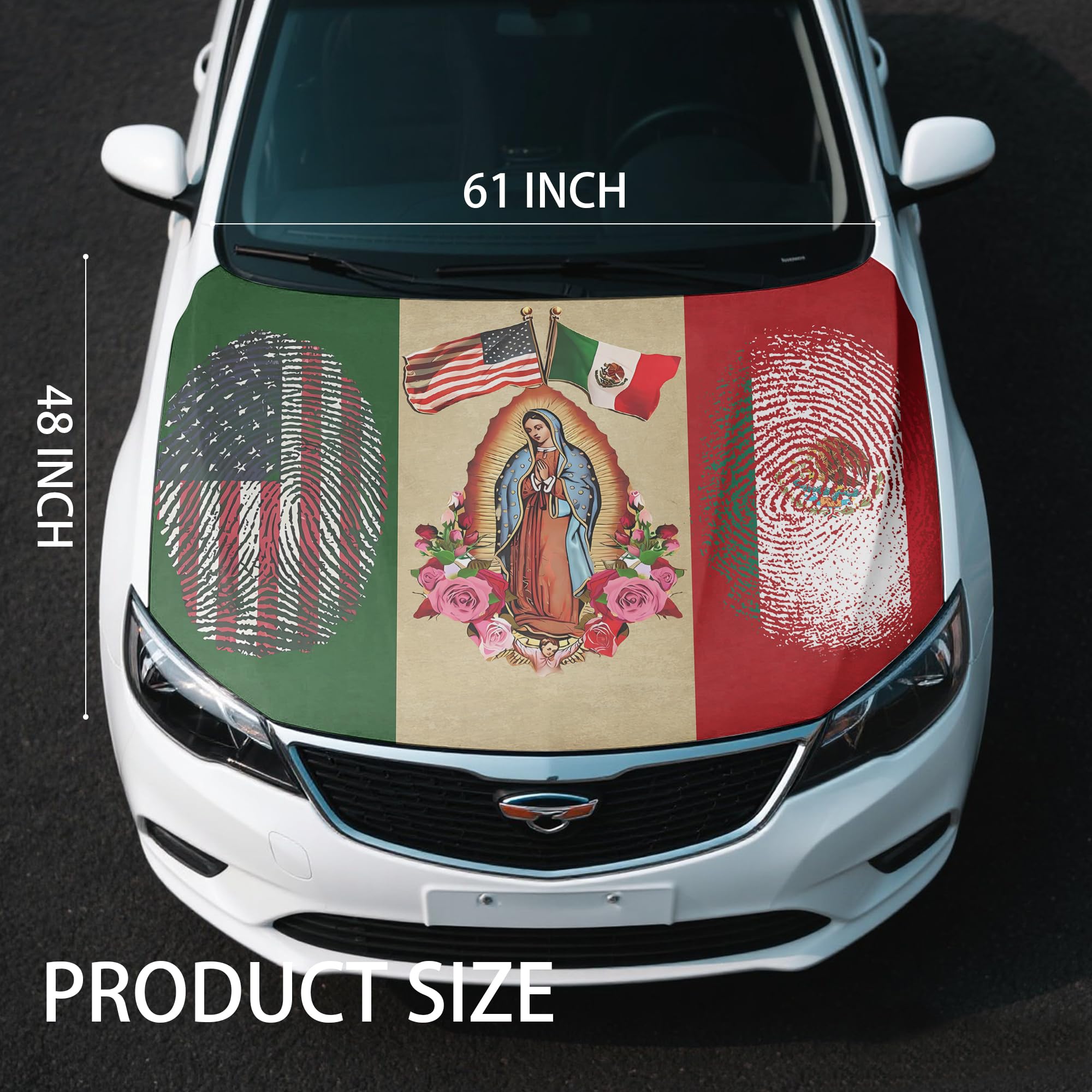 Mexico Our Lady of Guadalupe Flag Car Hood Cover, 4 x 5 Feet Mexico AME rica Friendshi[p, Elastic Fabric, Vehicle Bonnet Banner