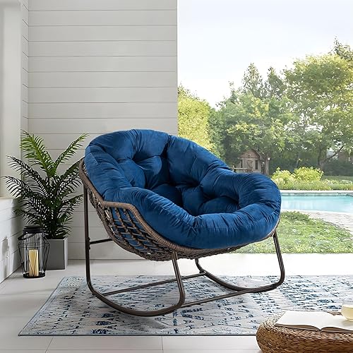 Miniatura 8 de Antetek Mecedora de patio al aire libre, cómoda silla de mimbre con cojín acolchado, mecedora de gran tamaño para interiores y exteriores, moderna