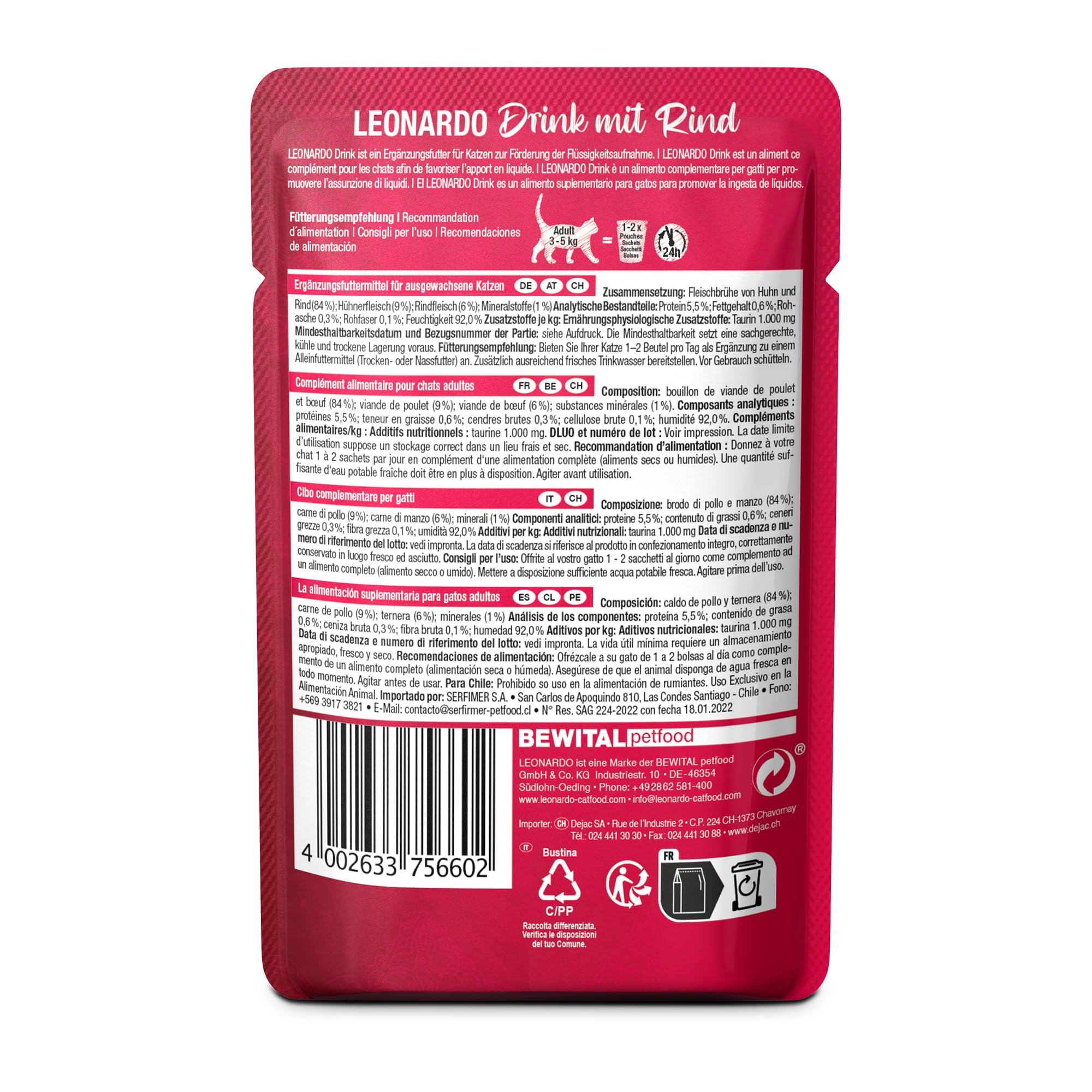 LEONARDO Drink Beef [20x40g Paquete múltiple Drink con Ternera] Bebida para Gato | Caldo de Carne con Tiras | Alimento complementario para Gatos