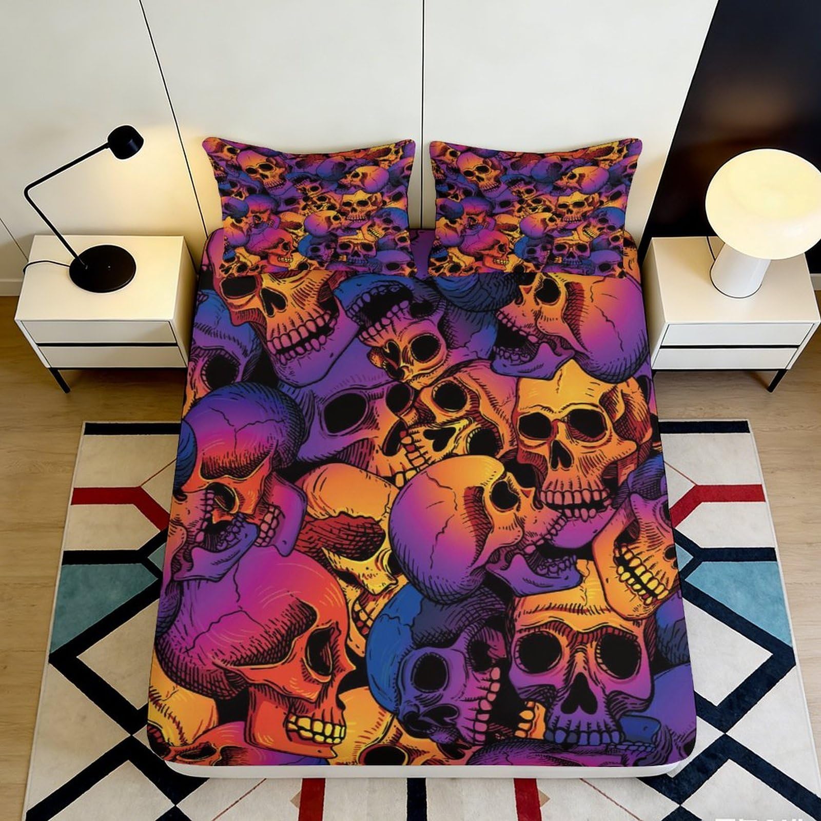 3D Printed Colorful Skull Fitted Sheet Microfiber Soft Breathable Graffiti Skull Mattress Cover for Bedroom Dorm Decor 90x200x25cm