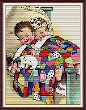 Stamped Cross Stitch Kits Full Range of Embroidery Patterns 11CT 3 Strands DIY Printed Cross-Stitch Kits for Adults Beginner -Brother and Sister 19.7x15.3 inch