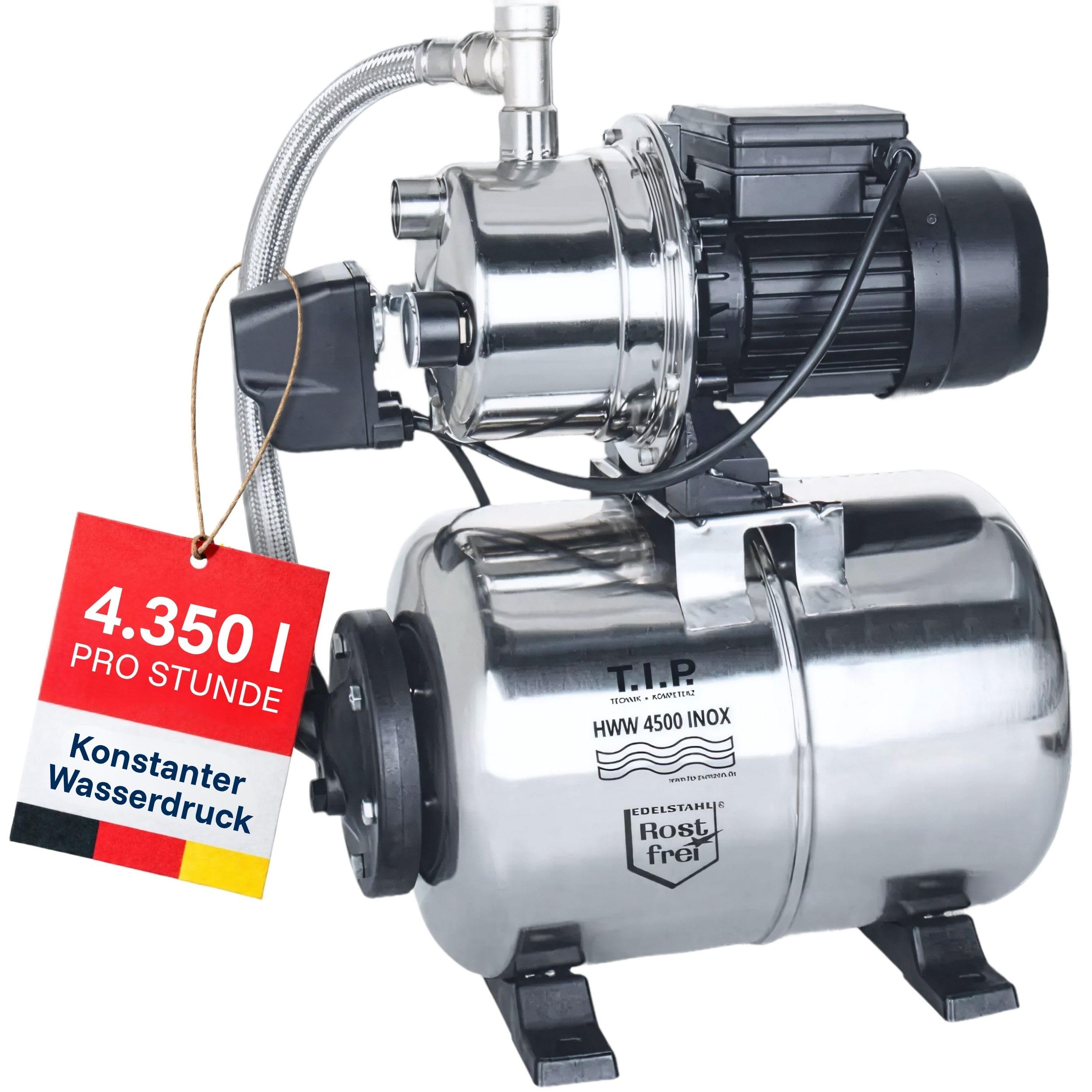 T.I.P. Hauswasserwerk HWW 4500 INOX aus Edelstahl mit 1200 W Leistung I 4350 l/h Fördermenge bis 50 m Höhe I 5 bar Druck mit Manometer I 22 L Kessel I robust, korrosionsfrei, sicher mit Überlastschutz