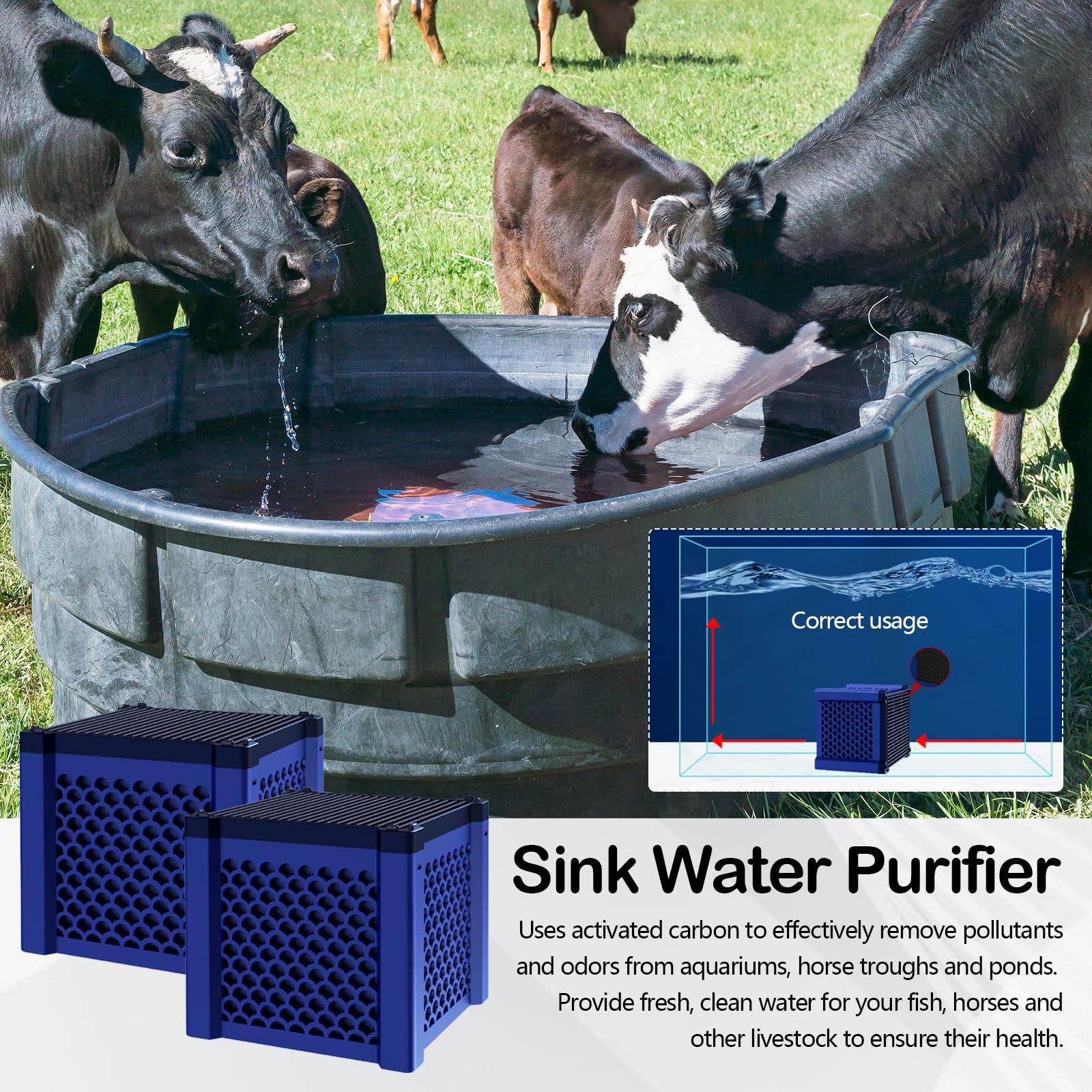 Set di 2 Cubetti Filtranti a Carbone Attivo, per Abbeveratoi per Cavalli Acquario e Laghetti, Filtro per Purificazione di Contaminanti e Odori, Filtro a Carbone Attivo per Purificazione dell'acqua