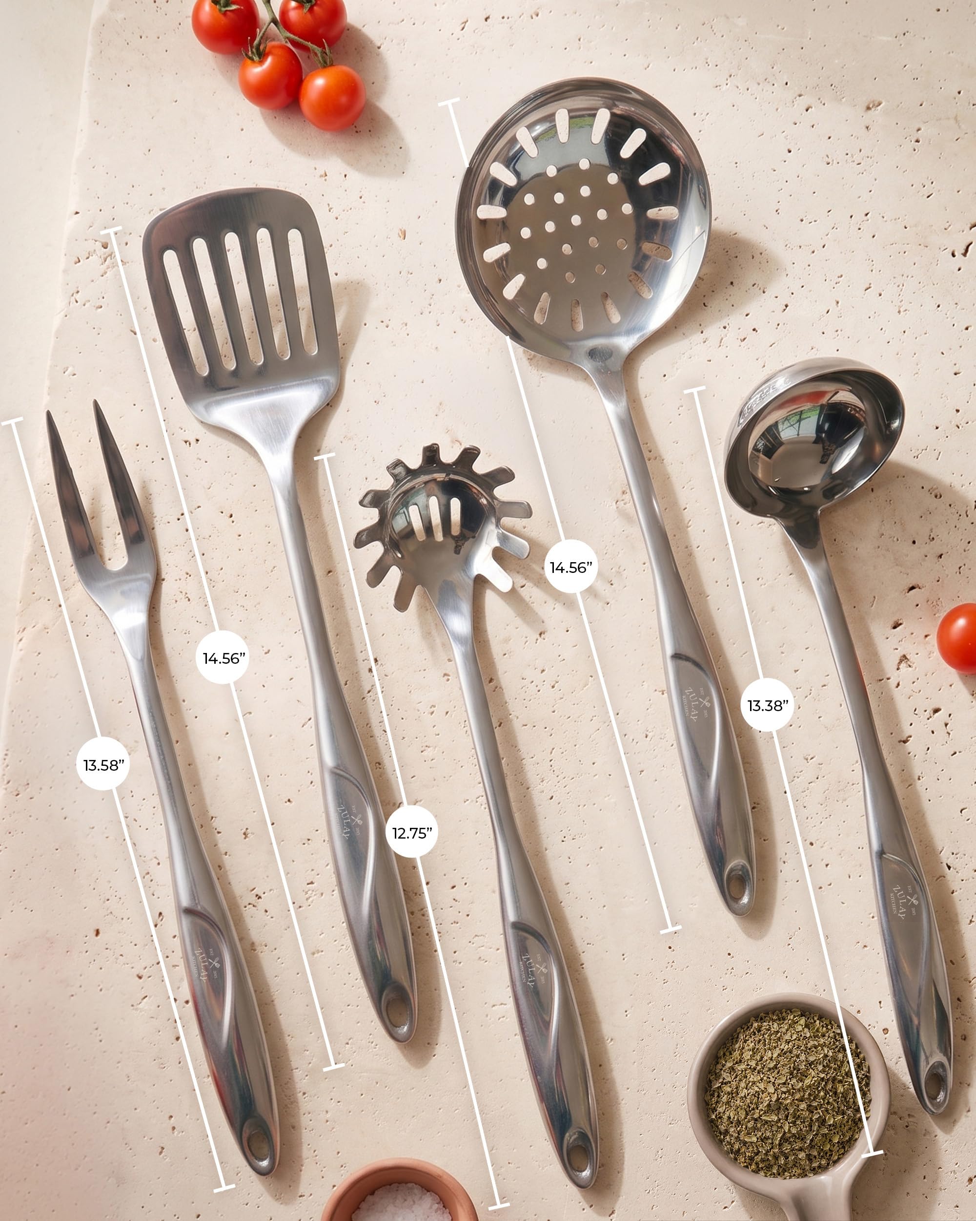 Zulay Kitchen Utensils Set - Premium Cooking Utensils Set - 5 Piece Complete Stainless Steel Utensil Sets - Comfortable Grip Stainless Steel Utensils Set - Kitchen Utensils Set Stainless Steel | Küchenhelfer aus Edelstahl – langlebige Küchenhelfer – Metal