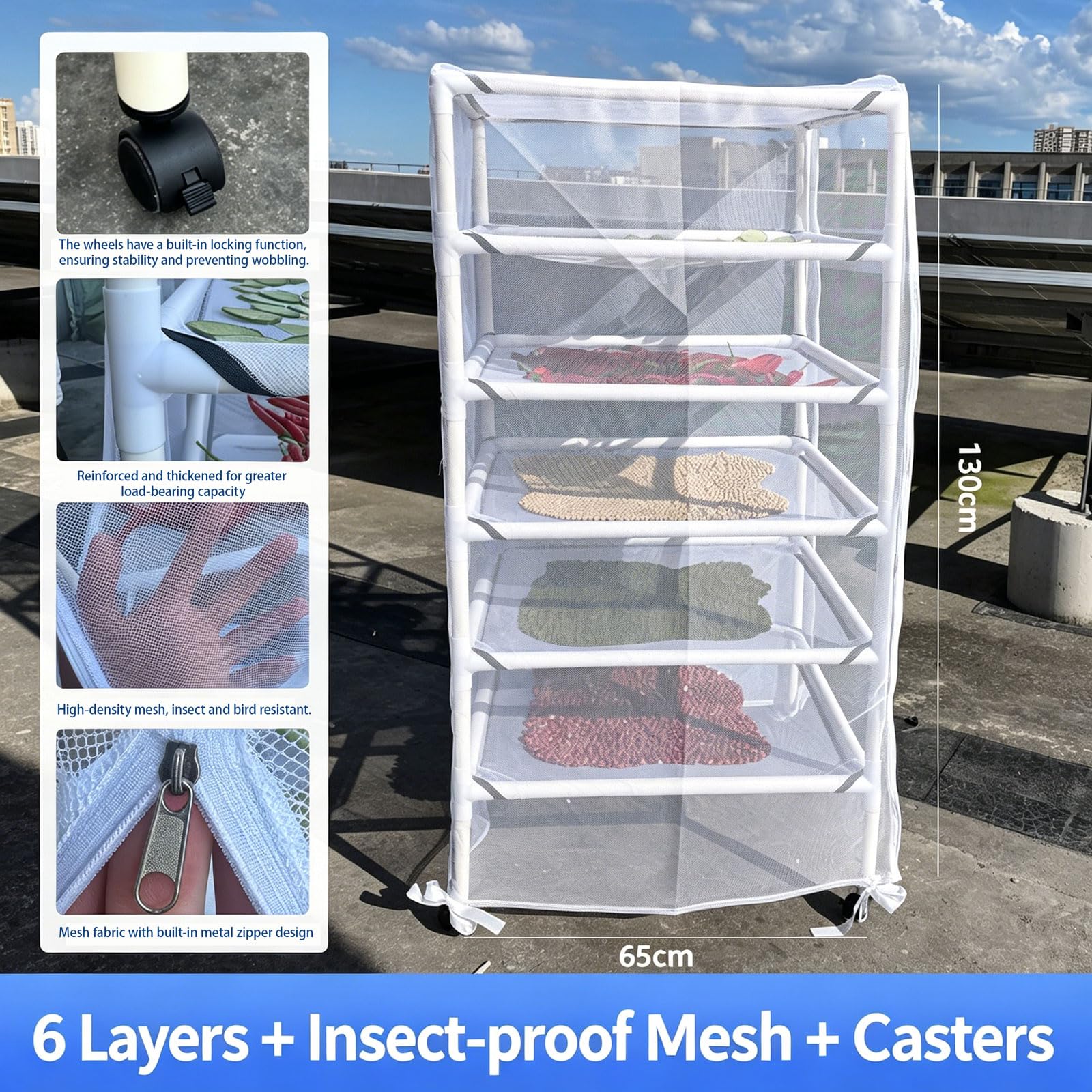 Mobiles Kräutertrockengestell mit Rollen und Mückenschutz 6 lagiges Trockennetz mit Reißverschluss für Kräuter trocknen,Pullover, Fleisch, Obst und Gemüse (Size:6 Layer)
