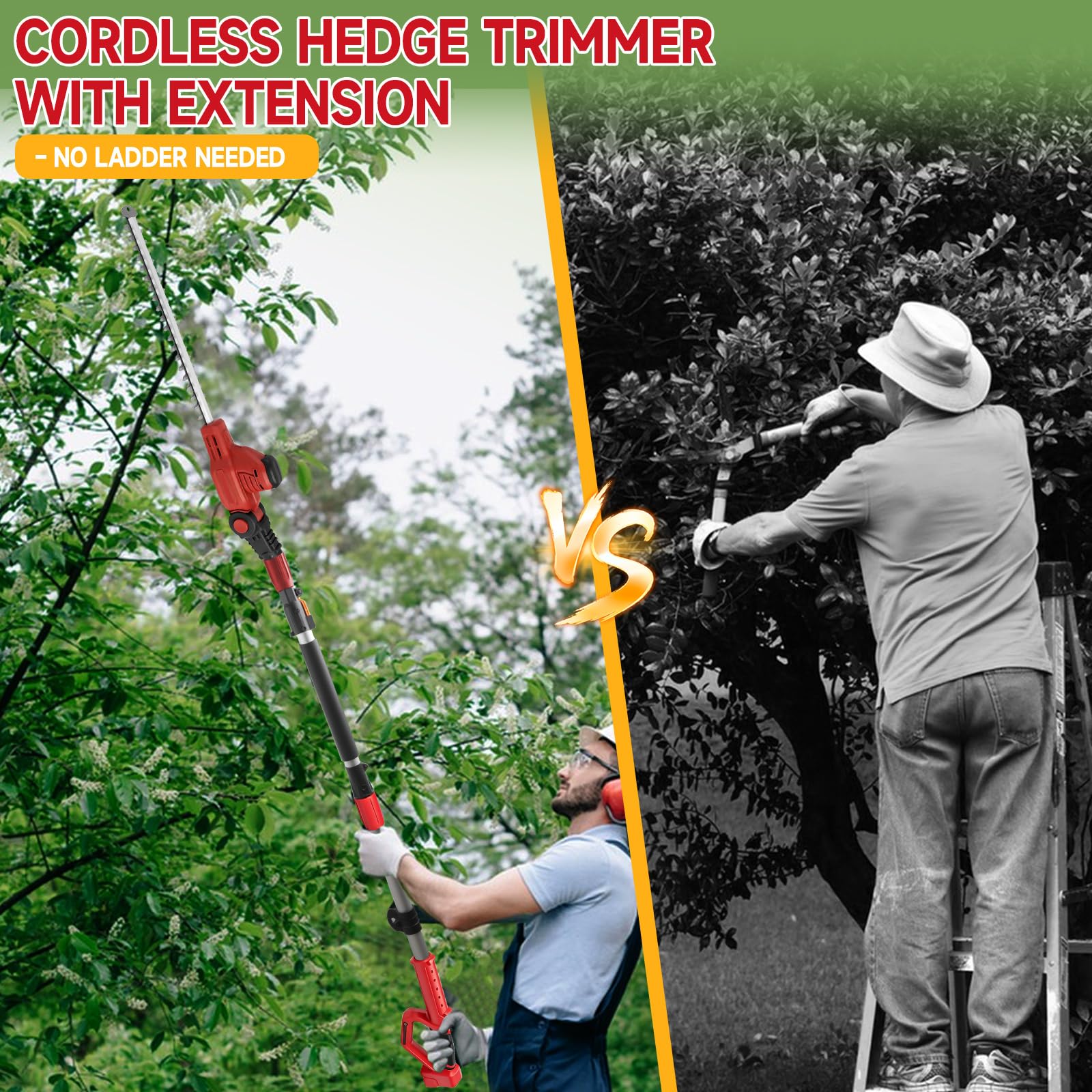 Cortasetos telescópico inalámbrico compatible con Milwaukee m18, poste telescópico de alcance máximo de 2,97 m, longitud de corte de 41 cm, cabezal giratorio de 11 posiciones con correa para el hombro
