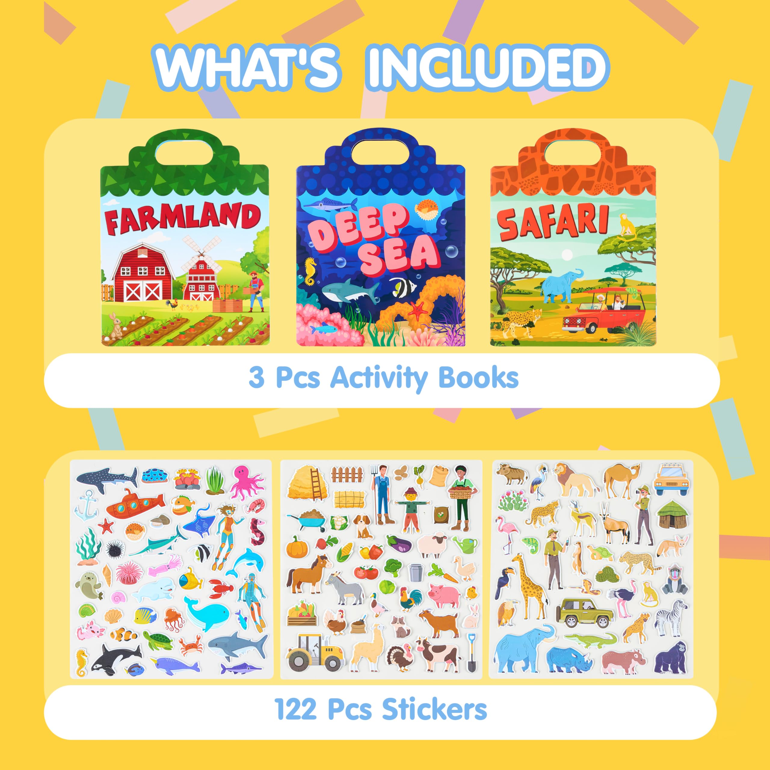 JOYIN 3 Sets Reusable Sticker Book for Kids 122Pcs 3D Travel (Farm, Ocean - Image 4
