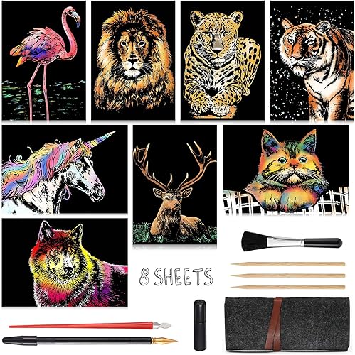 Papel de arte para rascar (A4) para niños y adultos, pintura arco iris, vista nocturna, juego de manualidades y manualidades 8 hojas para raspar,