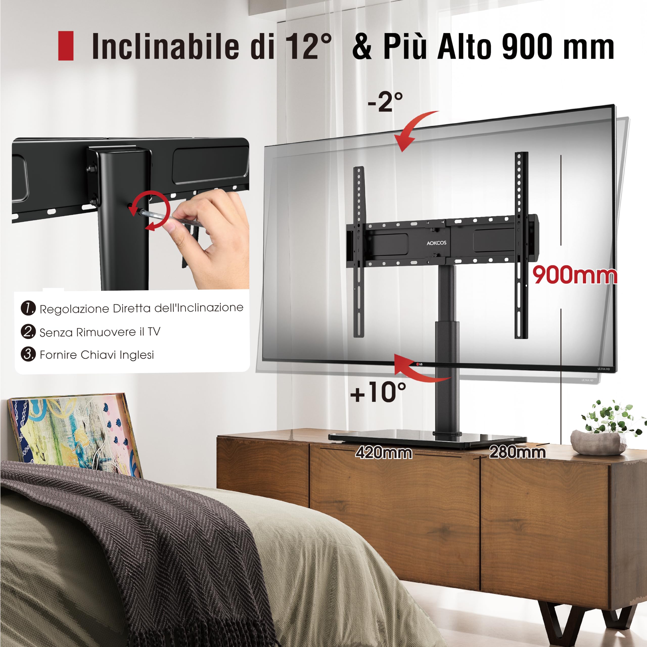 AOKCOS Supporto TV da Tavolo Inclinabile per 32-55 65 70 75 Pollici, Girevole Altezza Regolabile Piedistallo TV con Base, Mobile Porta TV Max VESA 600x400mm 45KG