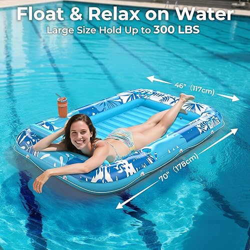 Miniatura 3 de Flotador inflable de bronceado para piscina con lona de protección, flotadores de piscina de 70 x 46 pulgadas para adultos con almohada, flotador 6