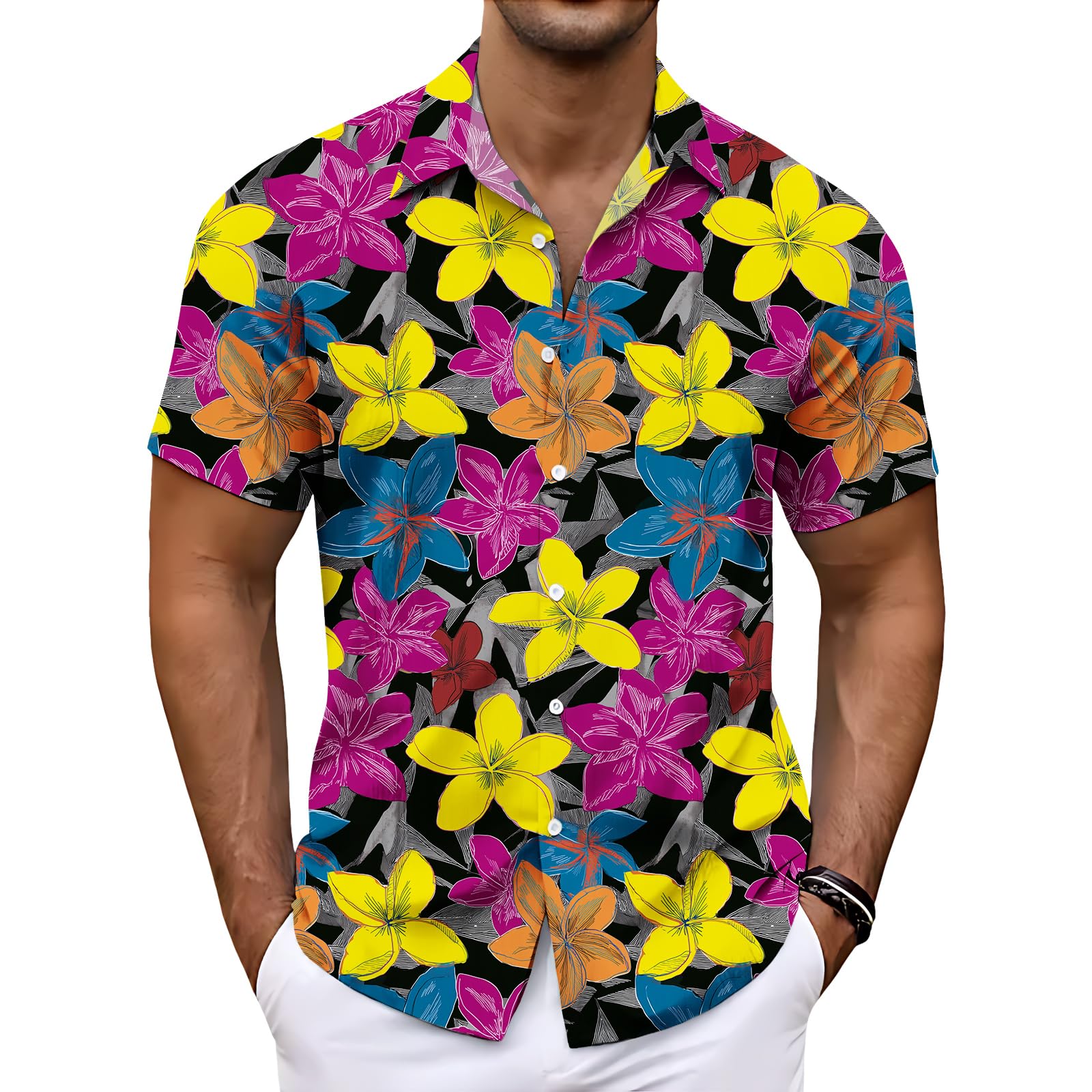 Mens Hawaiian Button Down Shirts Short Sleeve Tops Plus Size Graphic Casual Lightweight Loose Beach Gym Shirt