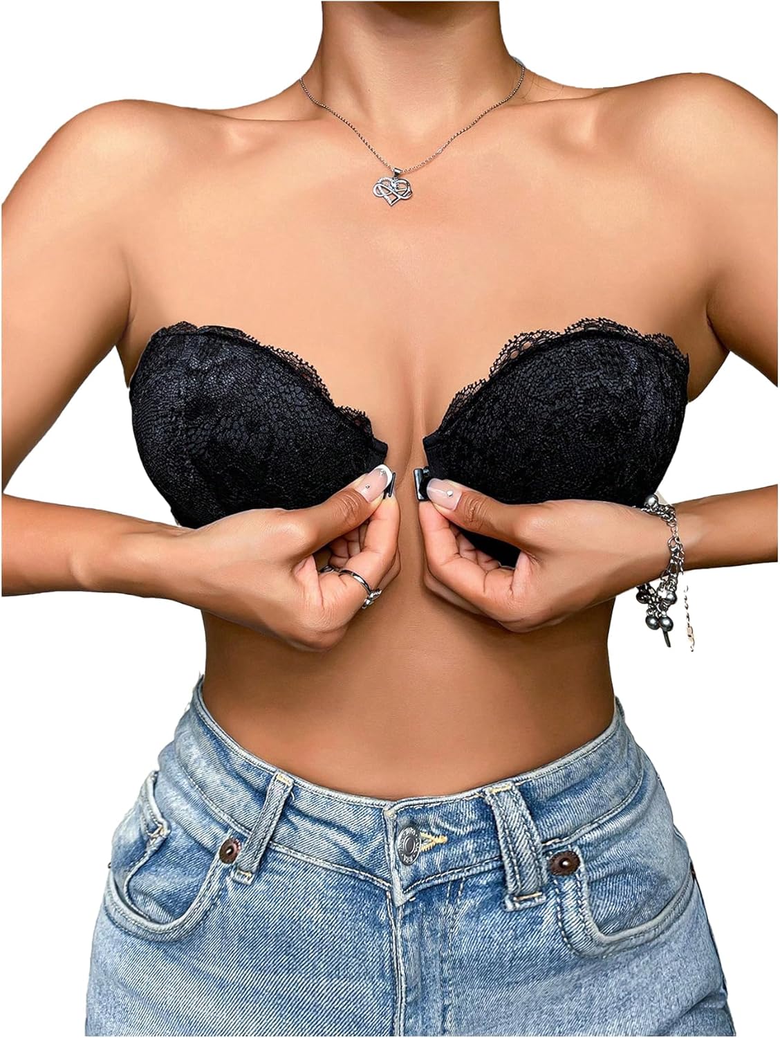 GORGLITTER Women's Strapless Bra Floral Lace Push Up Front Closure Bras Blackless Bandeau Underwire Bralettes