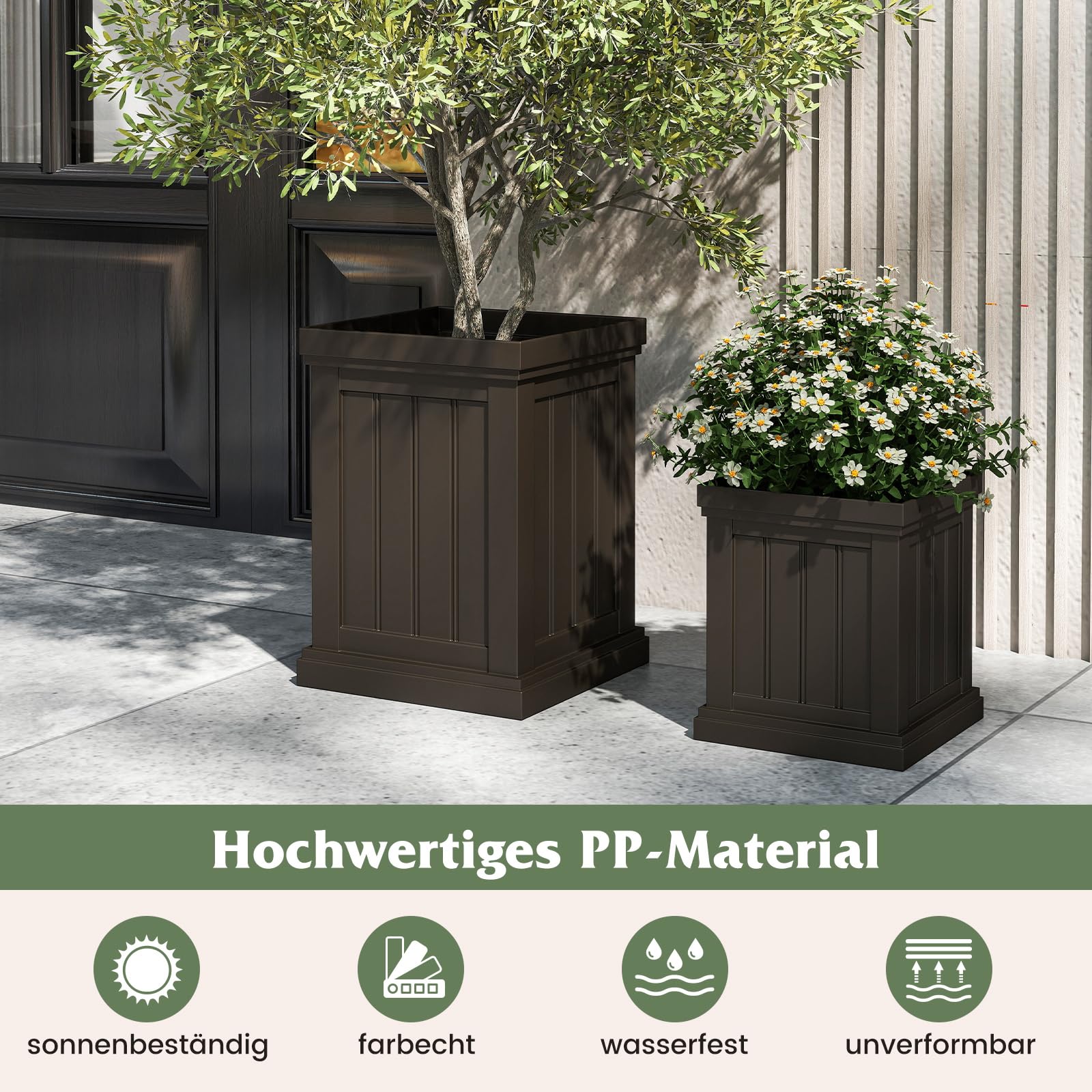 COSTWAY 2 er Pflanzkübel Quadratisch, 48/31,5 cm hoch, Pflanzgefäße wetterfest stapelbar, Blumentöpfe mit Entwässerungslöchern, PP Kunststoff, Übertopf für Garten Terrasse Hinterhof Balkon, Braun